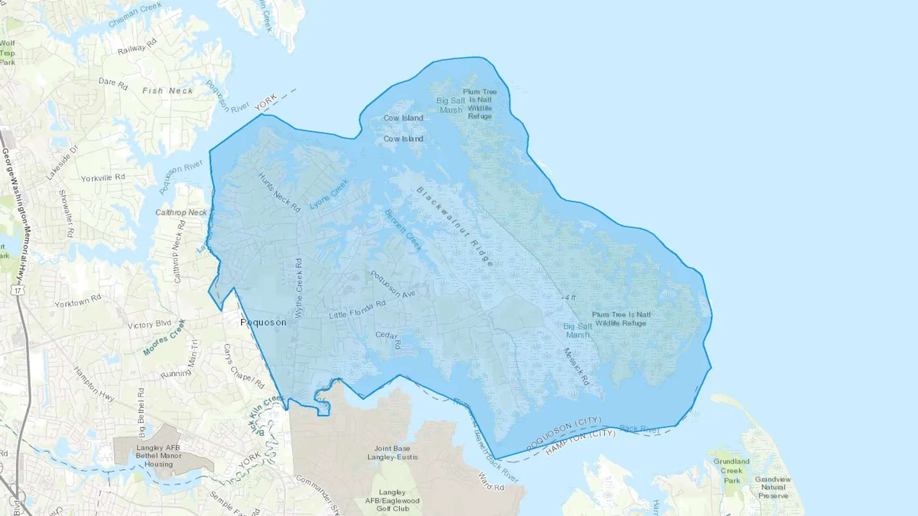 Poquoson, VA Cash heating Oil delivery map Map of the COD Fuel Oil delivery service area for Poquoson, VA