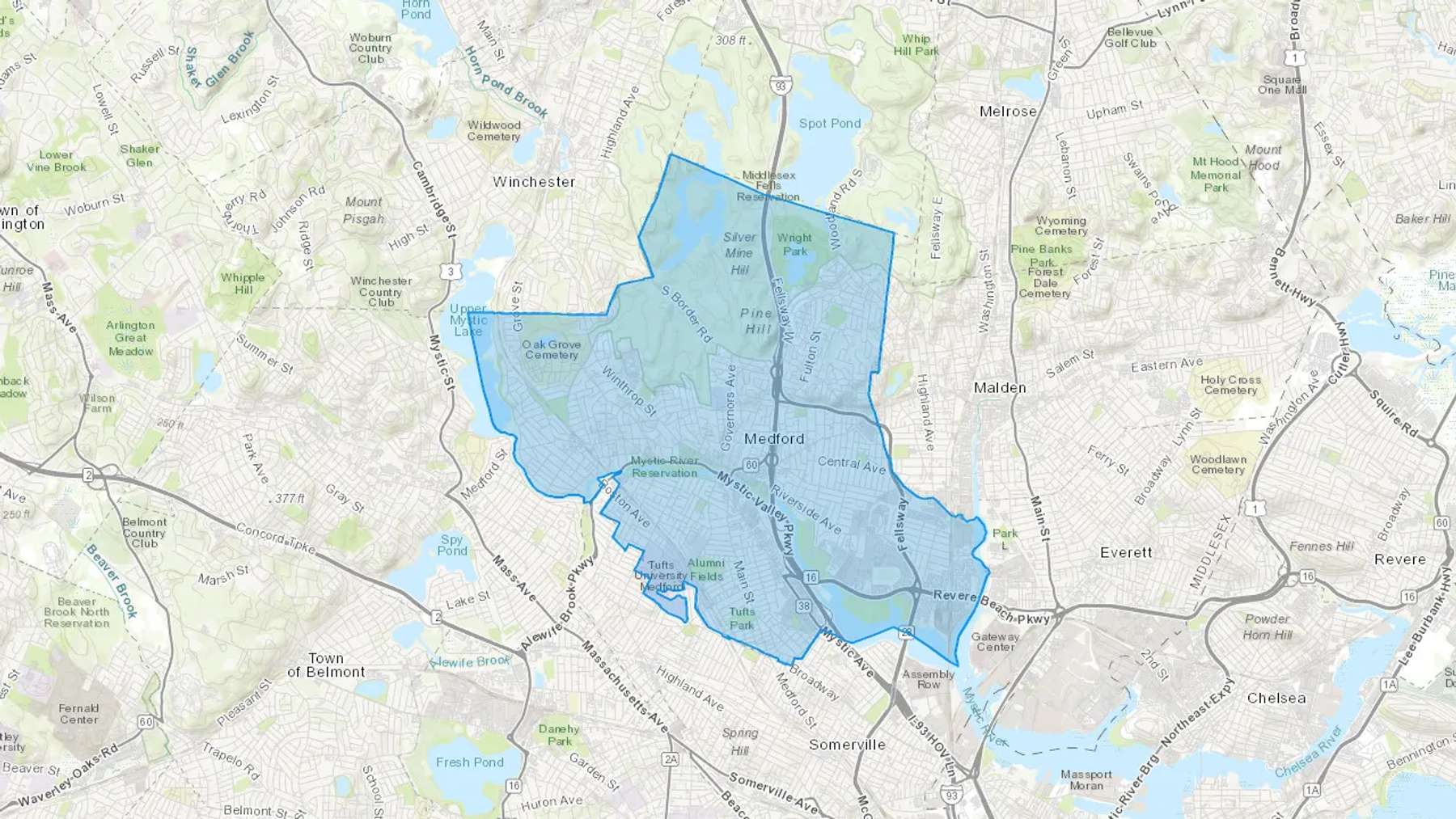 Medford, MA Cash heating Oil delivery map Map of the COD Fuel Oil delivery service area for Medford, MA