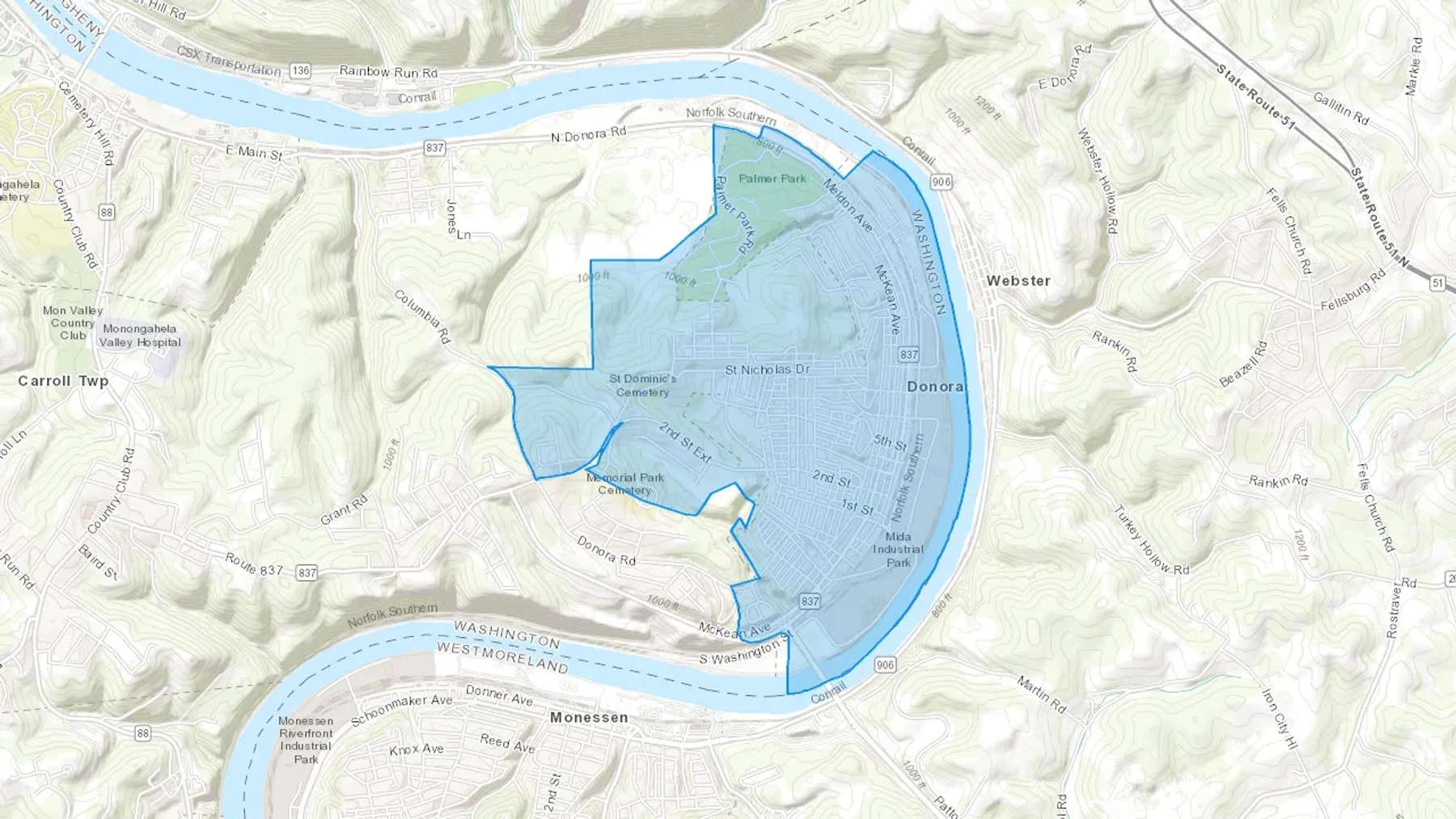 Donora, PA Cash heating Oil delivery map Map of the COD Fuel Oil delivery service area for Donora, PA