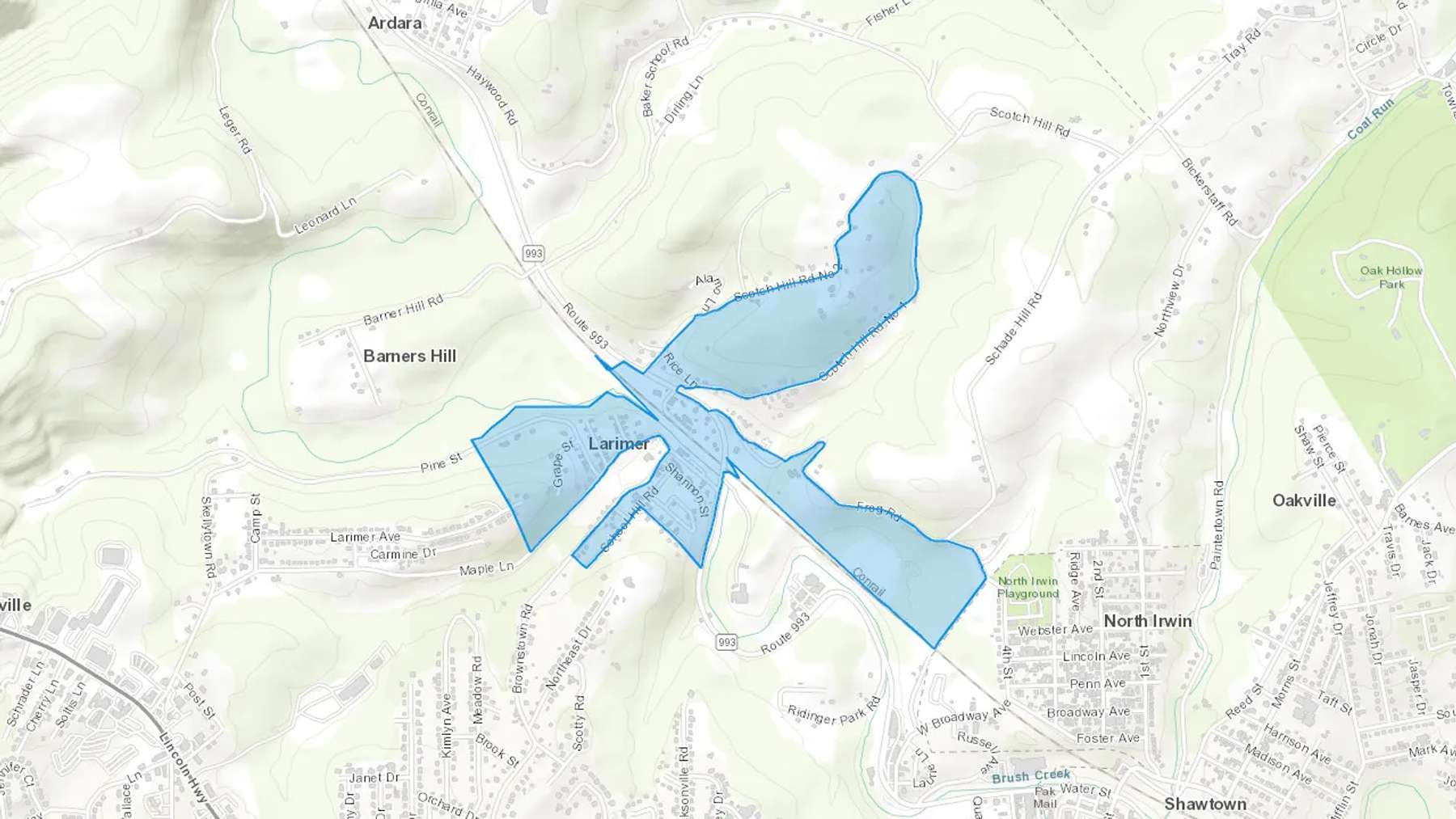 Larimer, PA Cash heating Oil delivery map Map of the COD Fuel Oil delivery service area for Larimer, PA