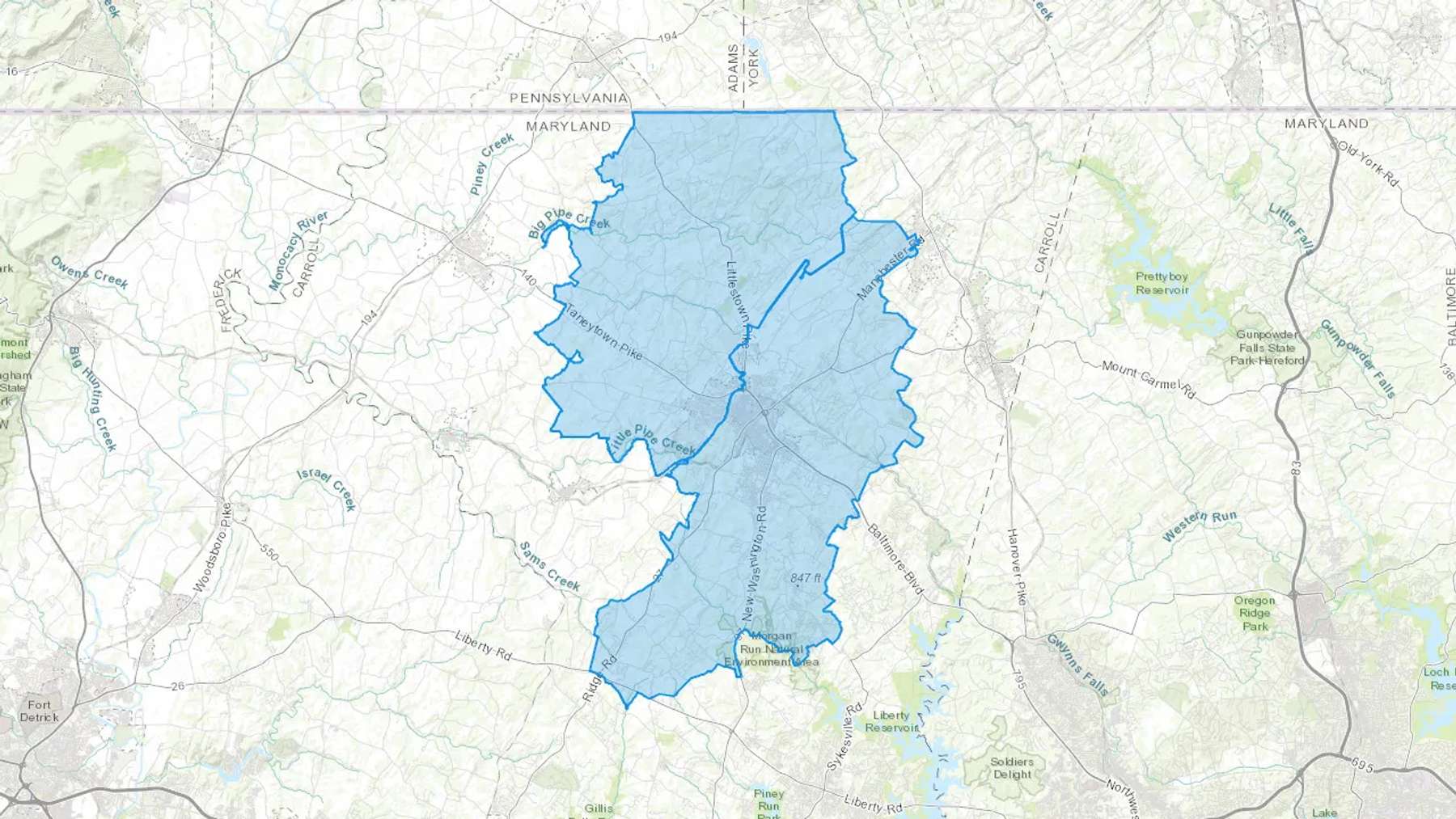 Westminster, MD Cash heating Oil delivery map Map of the COD Fuel Oil delivery service area for Westminster, MD