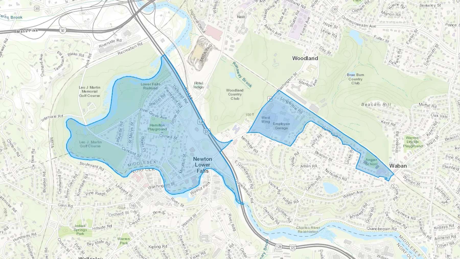 Newton Lower Falls, MA Cash heating Oil delivery map Map of the COD Fuel Oil delivery service area for Newton Lower Falls, MA