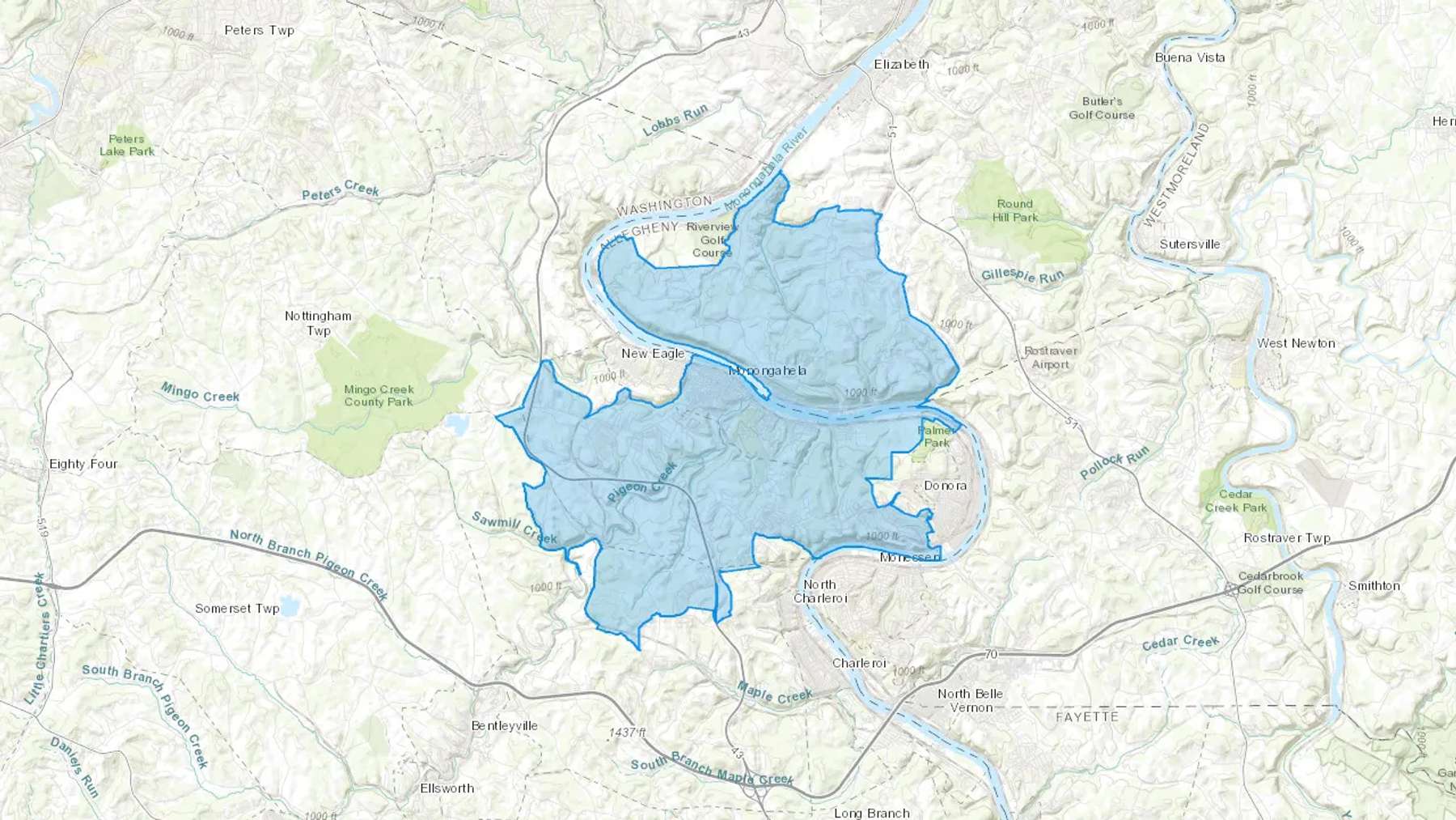 Monongahela, PA Cash heating Oil delivery map Map of the COD Fuel Oil delivery service area for Monongahela, PA