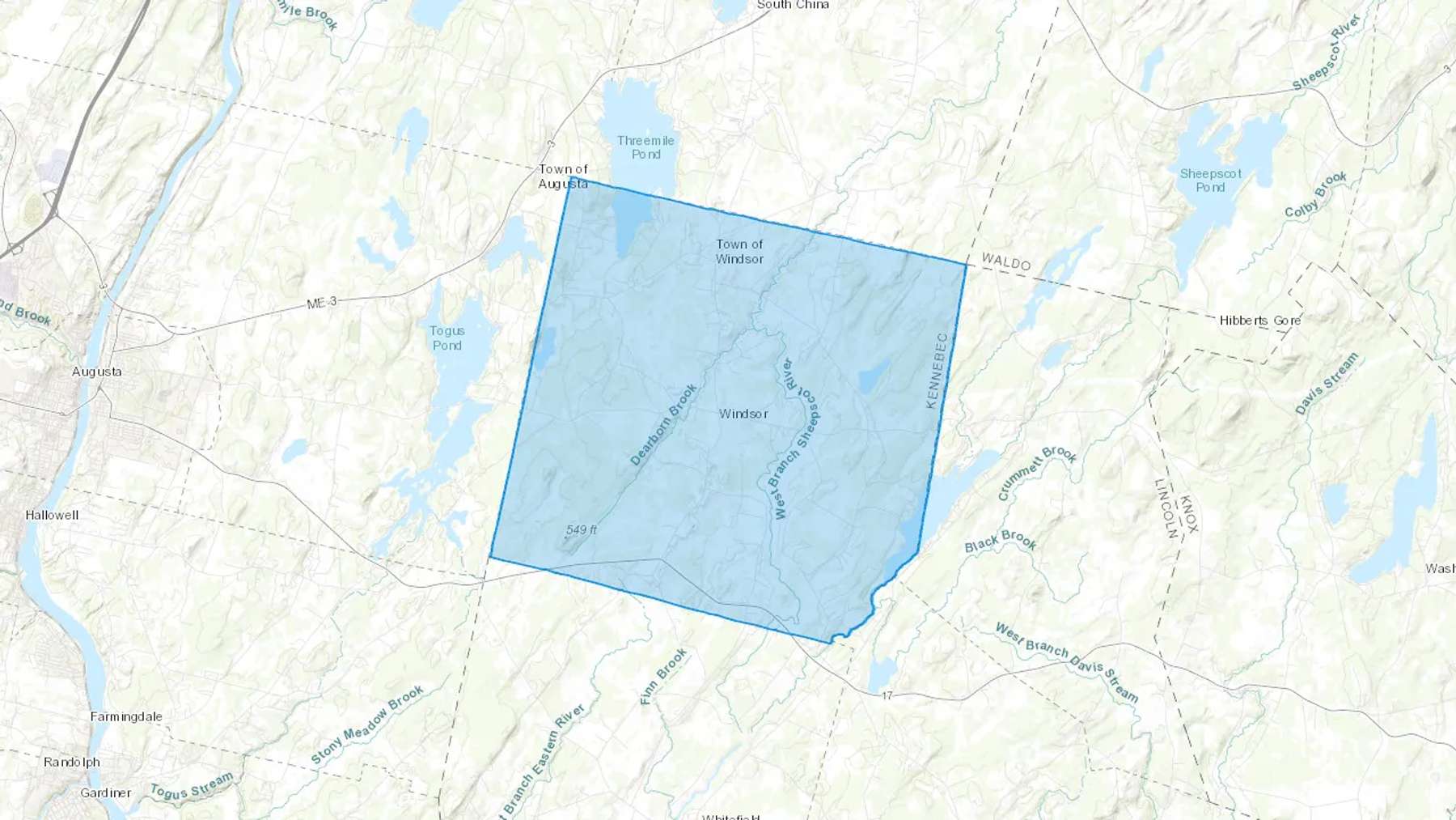 Windsor, ME Cash heating Oil delivery map Map of the COD Fuel Oil delivery service area for Windsor, ME
