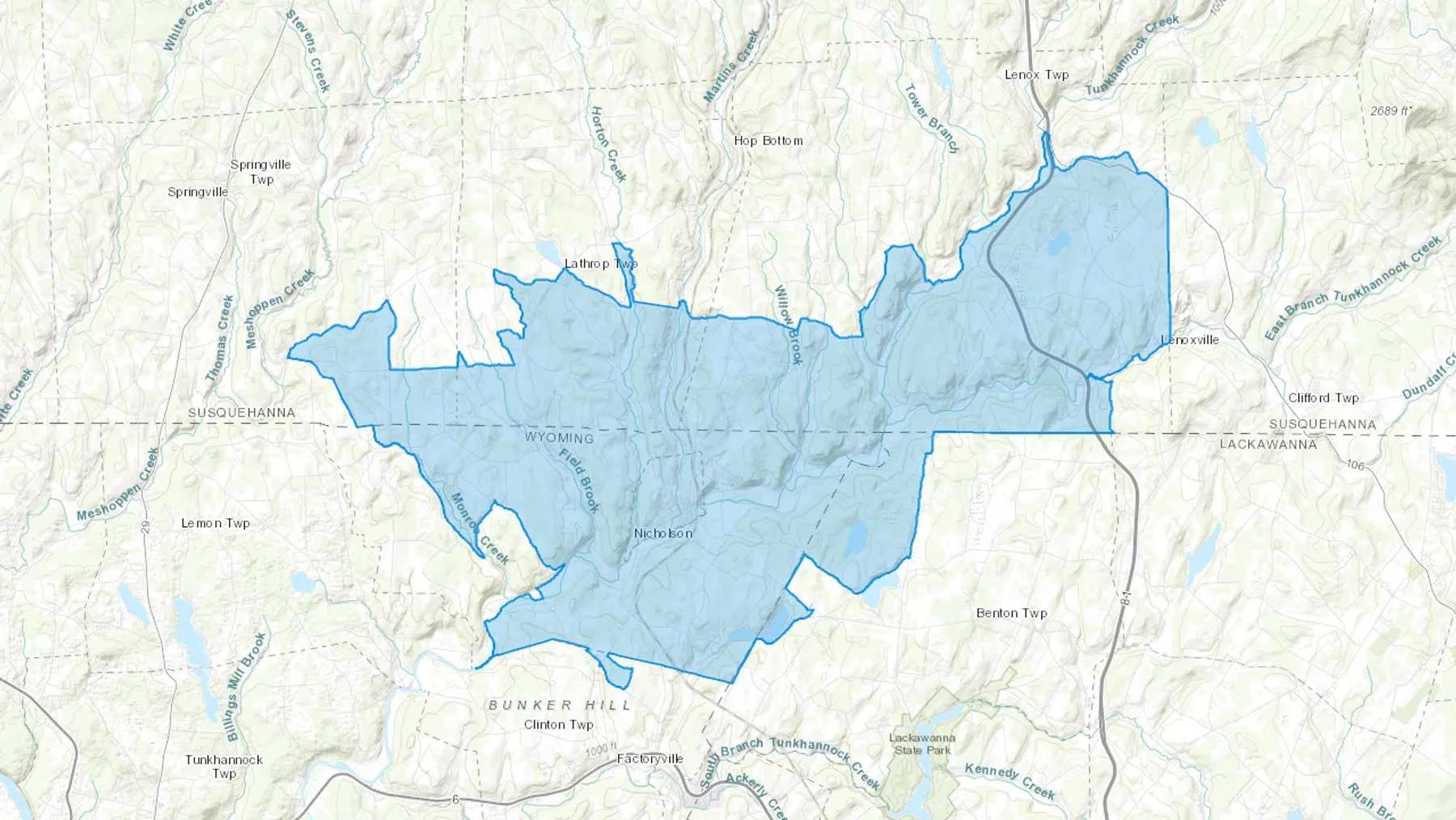 Nicholson, PA Cash heating Oil delivery map Map of the COD Fuel Oil delivery service area for Nicholson, PA
