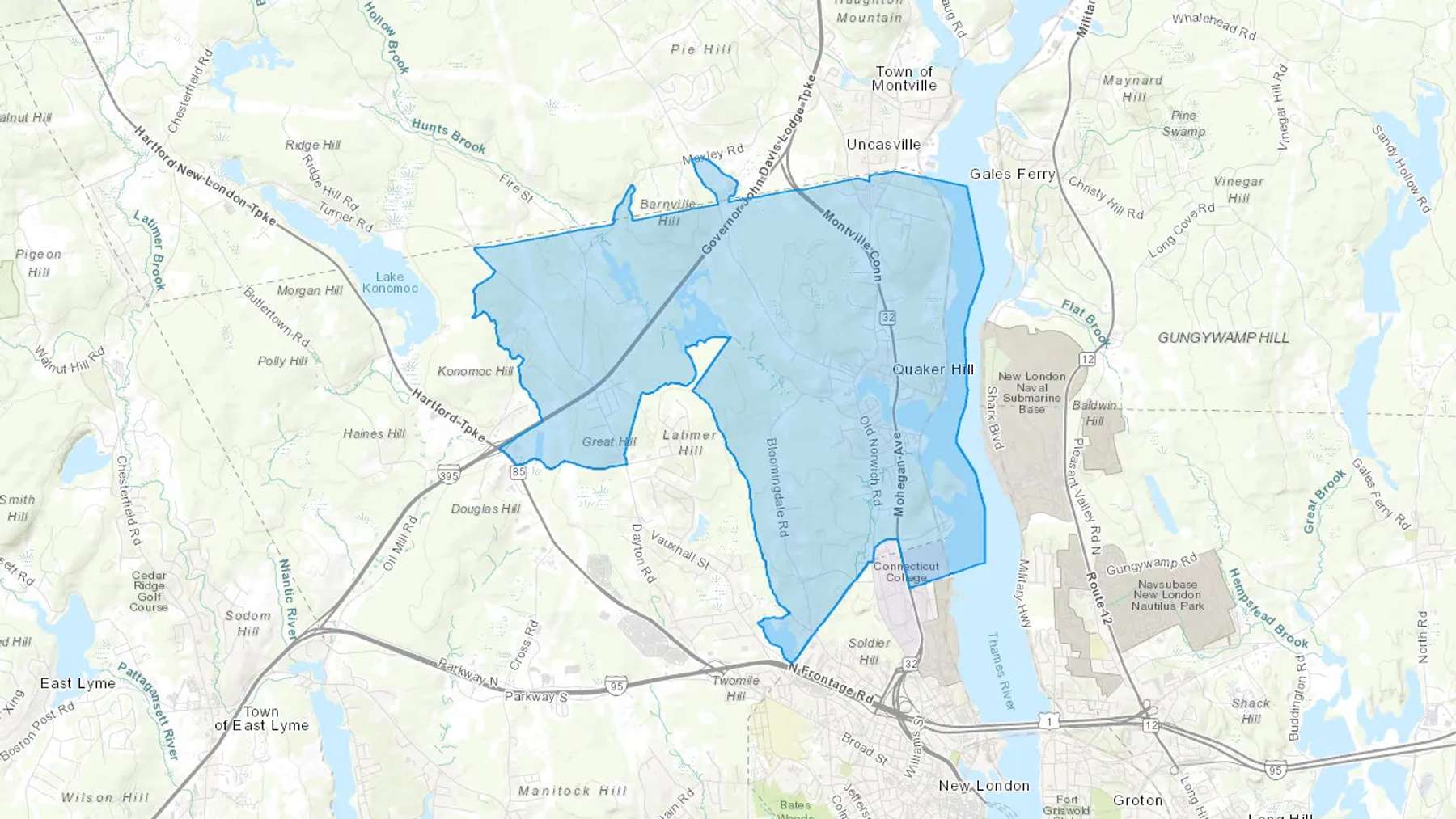 Quaker Hill, CT Cash heating Oil delivery map Map of the COD Fuel Oil delivery service area for Quaker Hill, CT