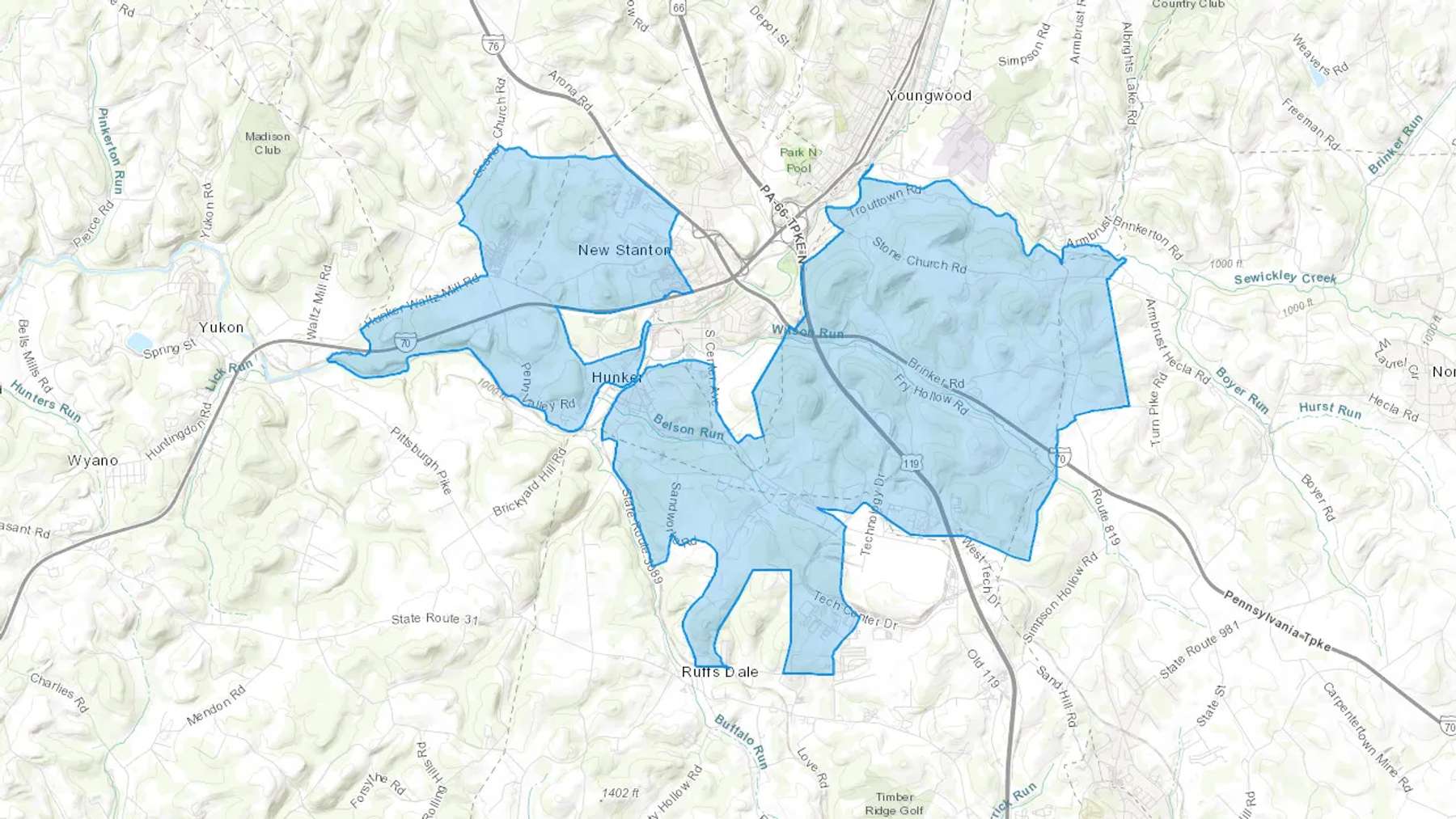 Hunker, PA Cash heating Oil delivery map Map of the COD Fuel Oil delivery service area for Hunker, PA
