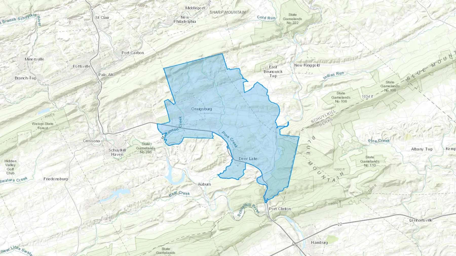 Orwigsburg, PA Cash heating Oil delivery map Map of the COD Fuel Oil delivery service area for Orwigsburg, PA