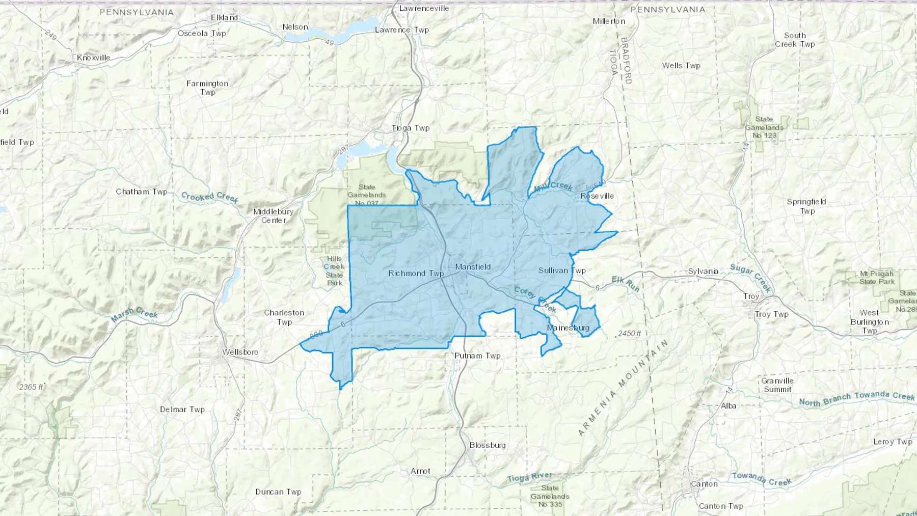 Mansfield, PA Cash heating Oil delivery map Map of the COD Fuel Oil delivery service area for Mansfield, PA