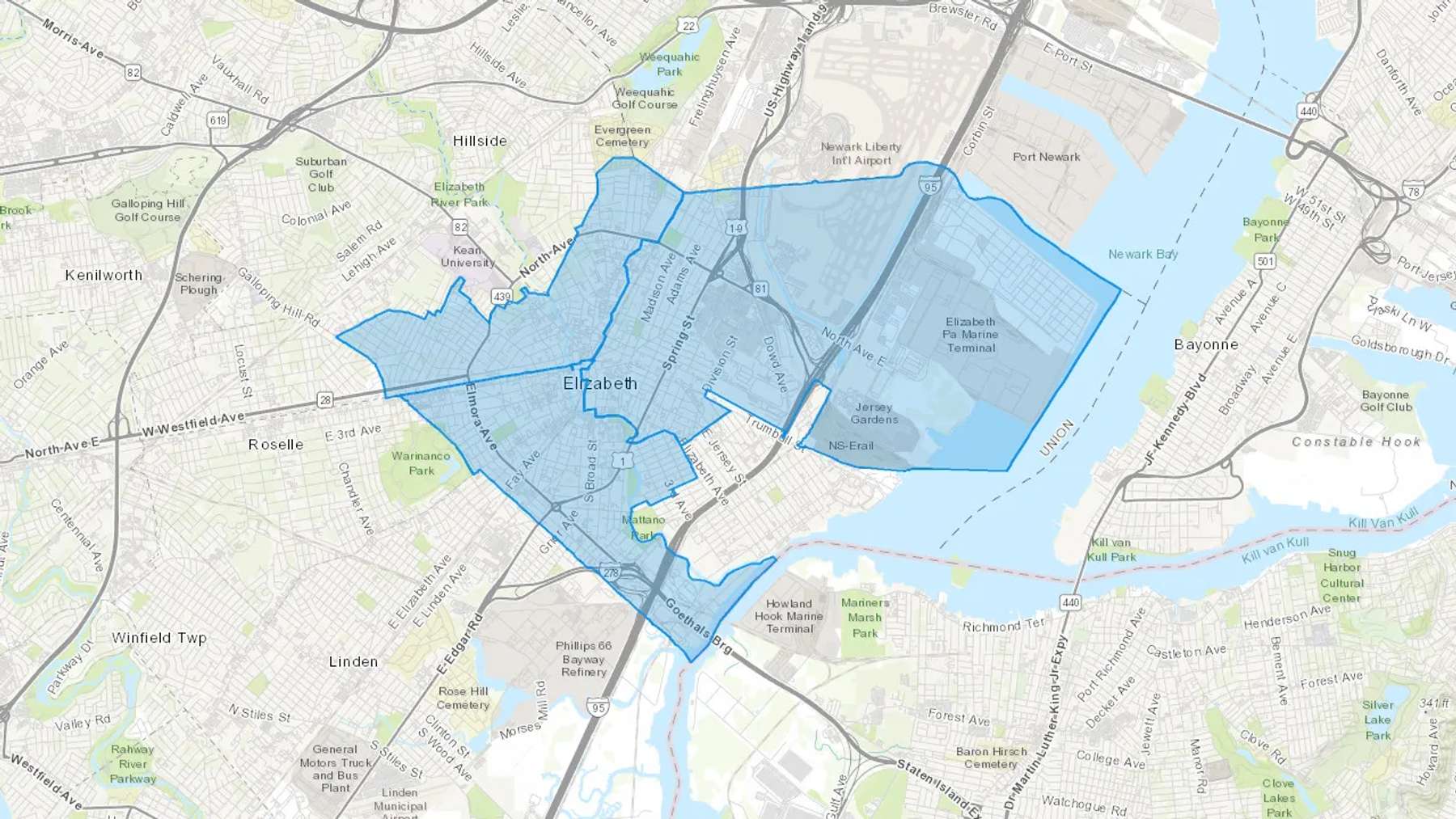 Elizabeth, NJ Cash heating Oil delivery map Map of the COD Fuel Oil delivery service area for Elizabeth, NJ