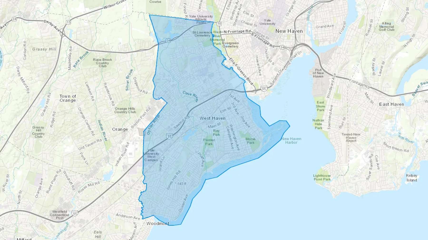 West Haven, CT Cash heating Oil delivery map Map of the COD Fuel Oil delivery service area for West Haven, CT