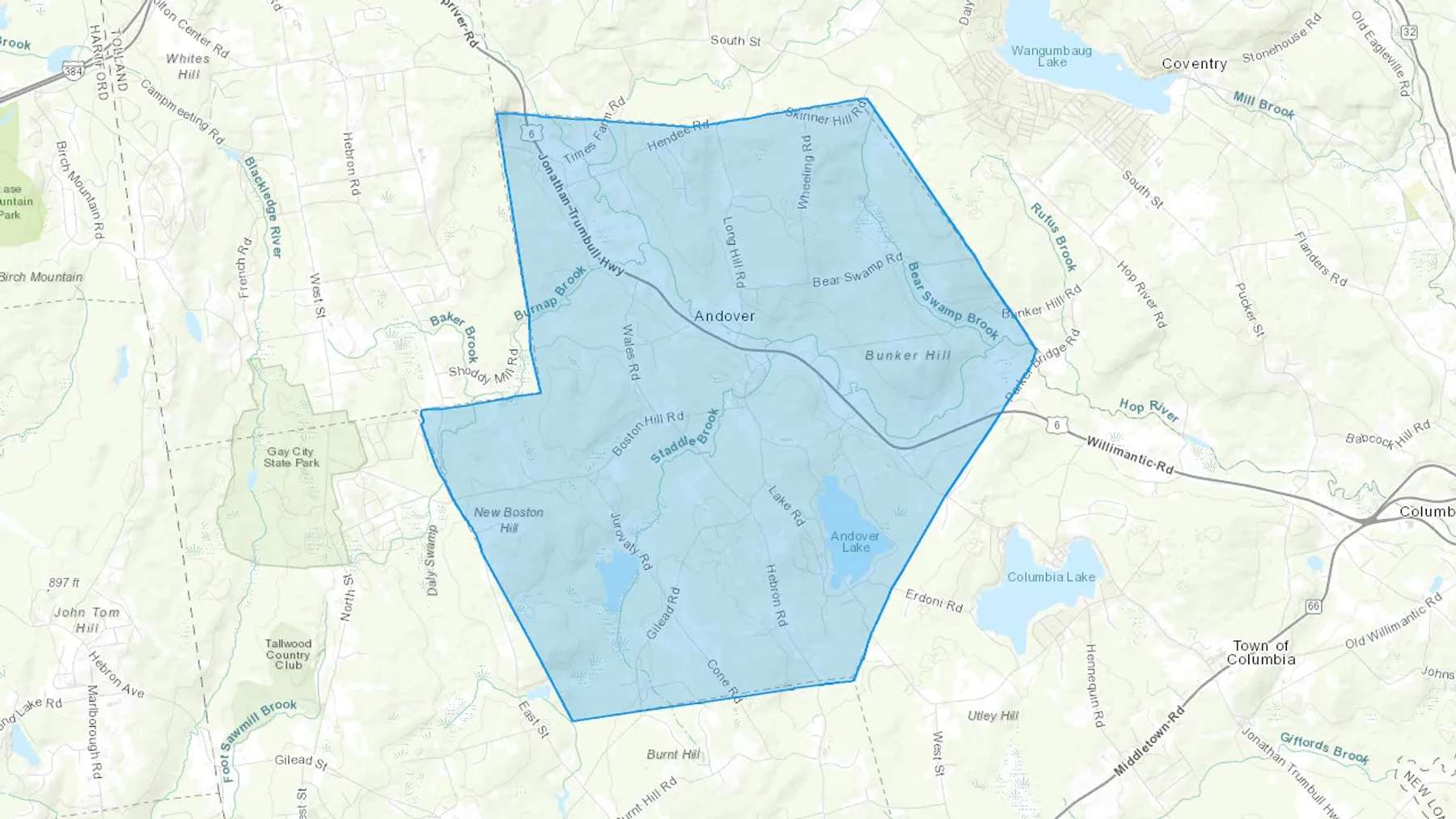 Andover, CT Cash heating Oil delivery map Map of the COD Fuel Oil delivery service area for Andover, CT