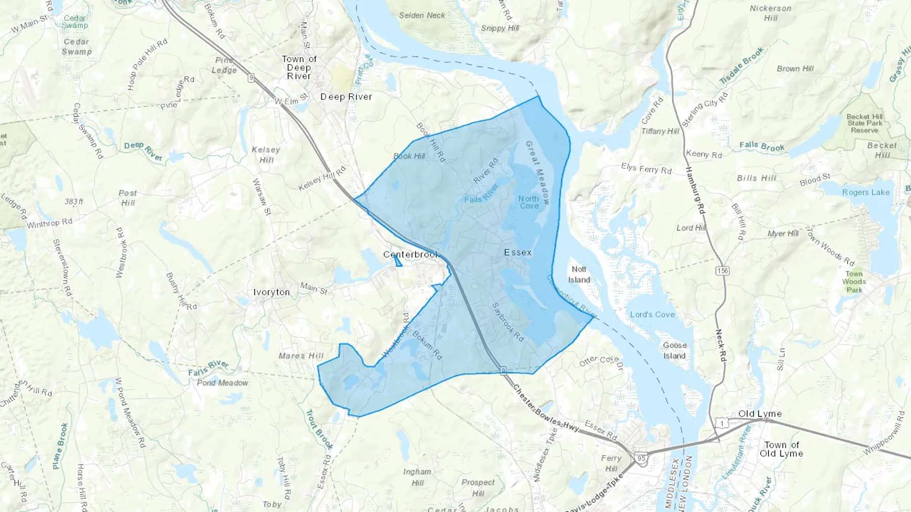 Essex, CT Cash heating Oil delivery map Map of the COD Fuel Oil delivery service area for Essex, CT