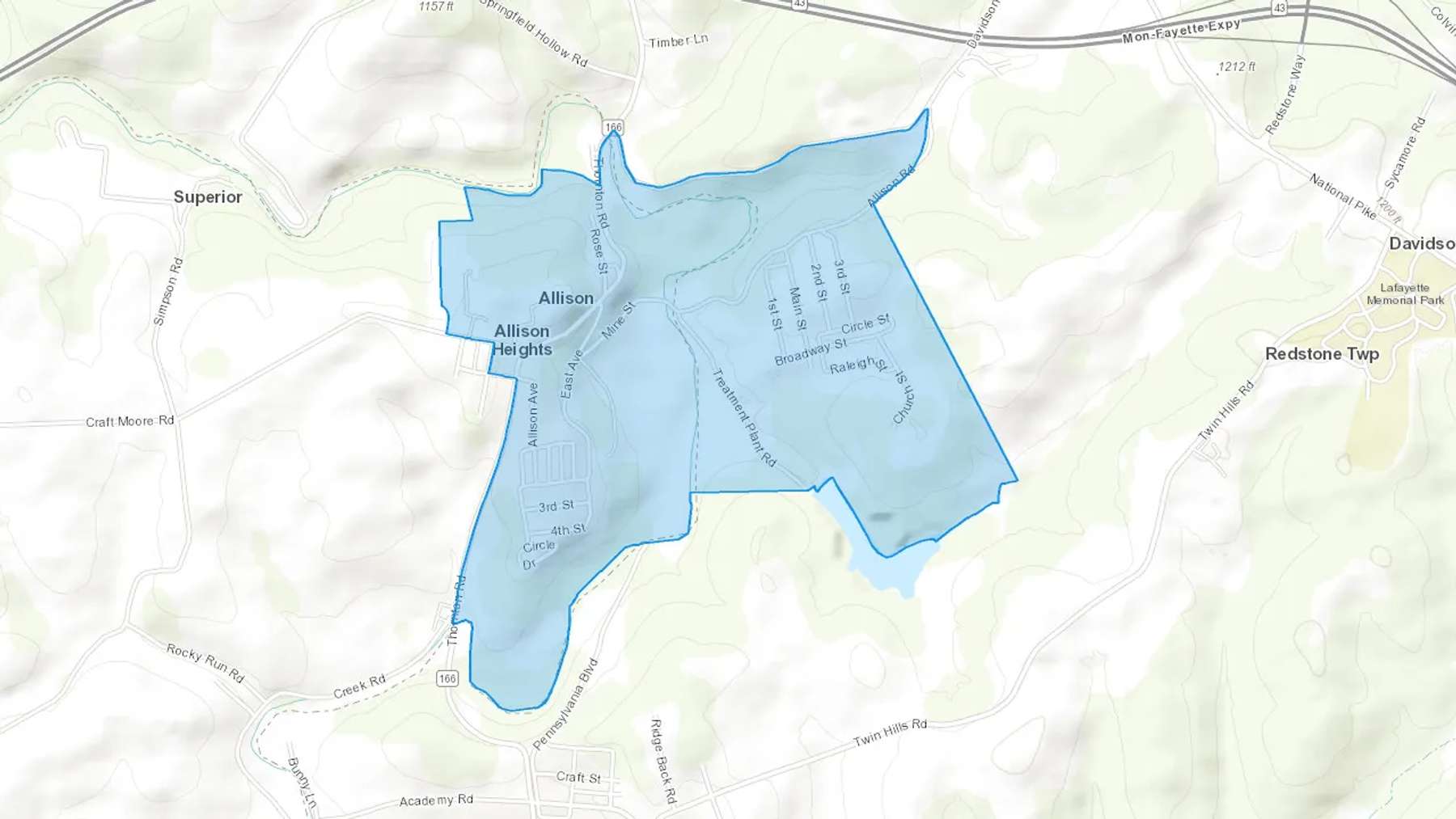 Allison, PA Cash heating Oil delivery map Map of the COD Fuel Oil delivery service area for Allison, PA