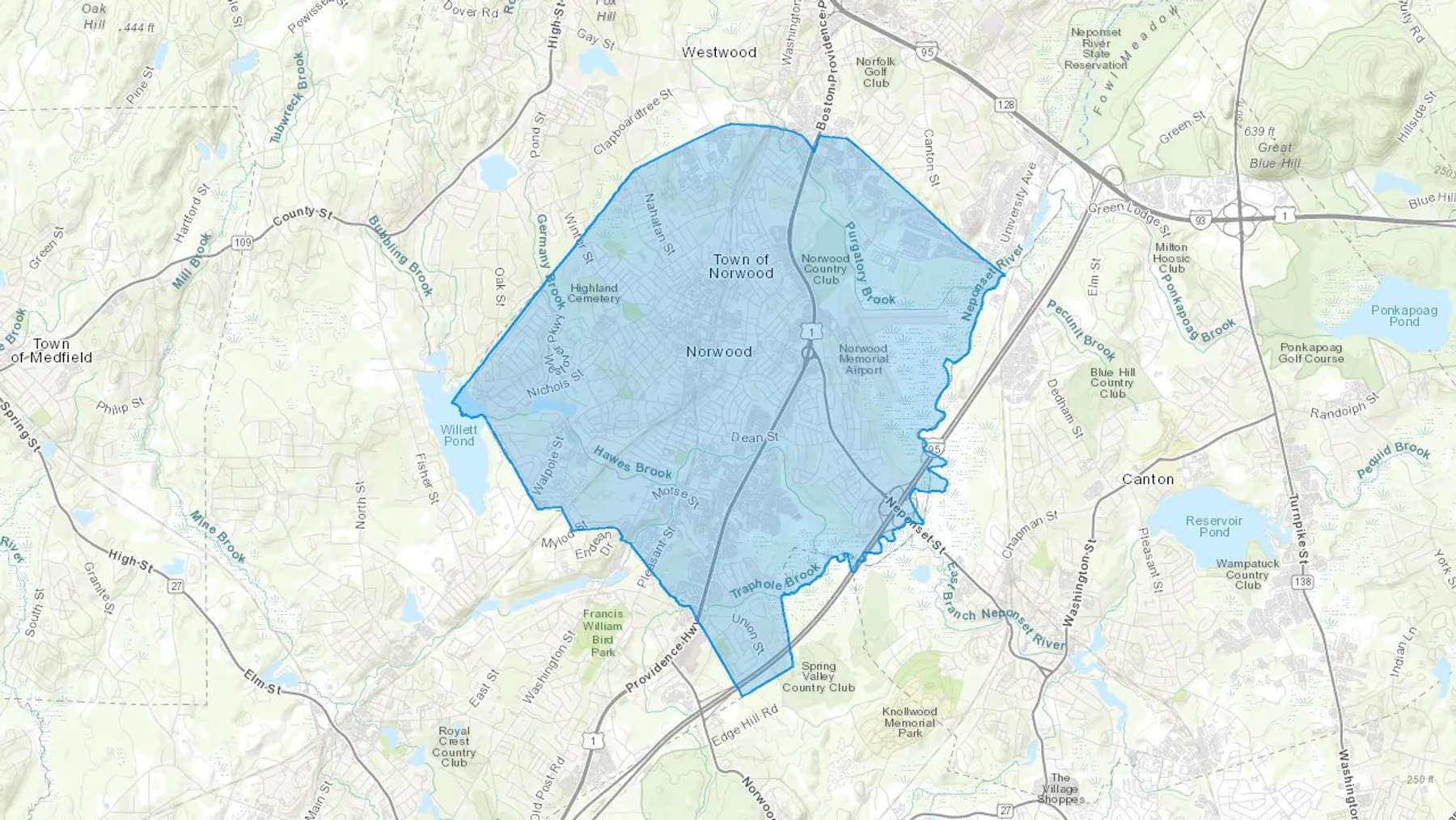 Norwood, MA Cash heating Oil delivery map Map of the COD Fuel Oil delivery service area for Norwood, MA