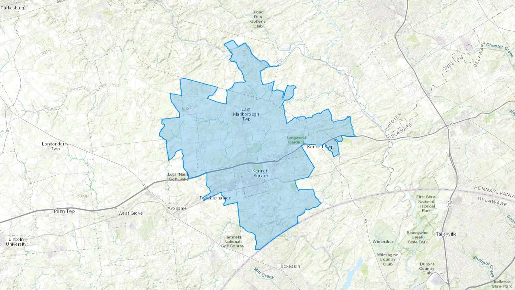 Kennett Square, PA Cash heating Oil delivery map Map of the COD Fuel Oil delivery service area for Kennett Square, PA