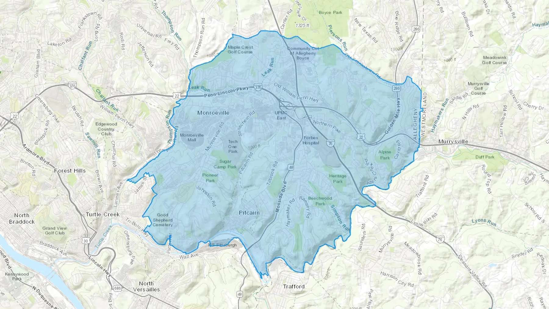 Monroeville, PA Cash heating Oil delivery map Map of the COD Fuel Oil delivery service area for Monroeville, PA