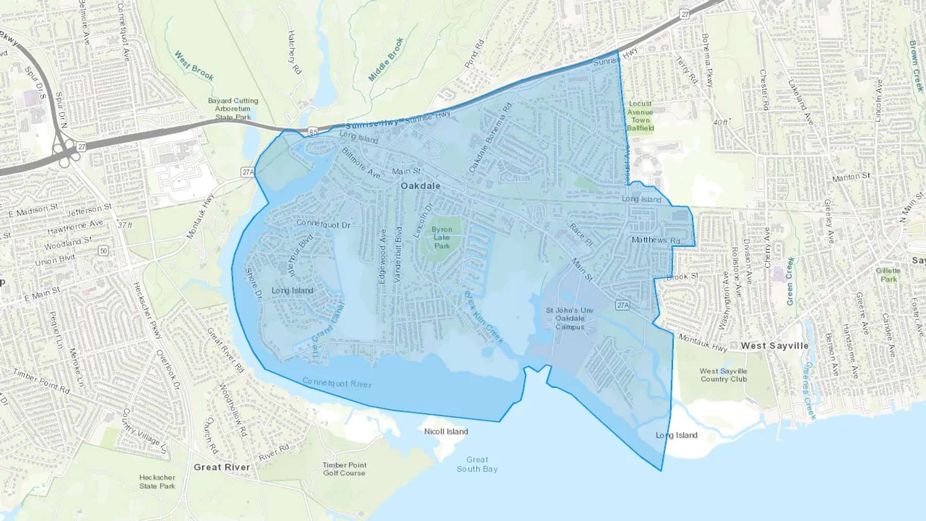 Oakdale, NY Cash heating Oil delivery map Map of the COD Fuel Oil delivery service area for Oakdale, NY