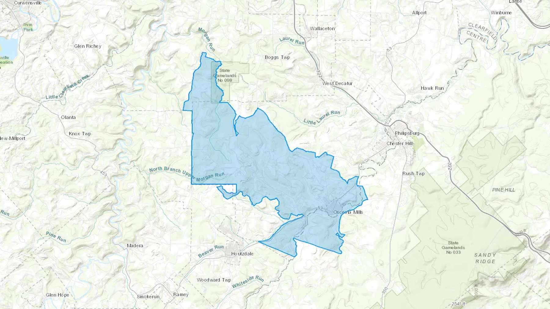 Osceola Mills, PA Cash heating Oil delivery map Map of the COD Fuel Oil delivery service area for Osceola Mills, PA