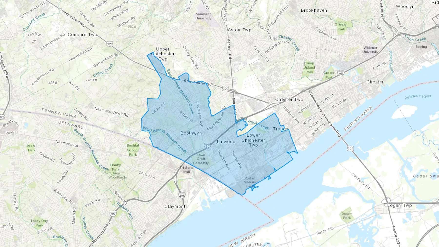 Marcus Hook, PA Cash heating Oil delivery map Map of the COD Fuel Oil delivery service area for Marcus Hook, PA
