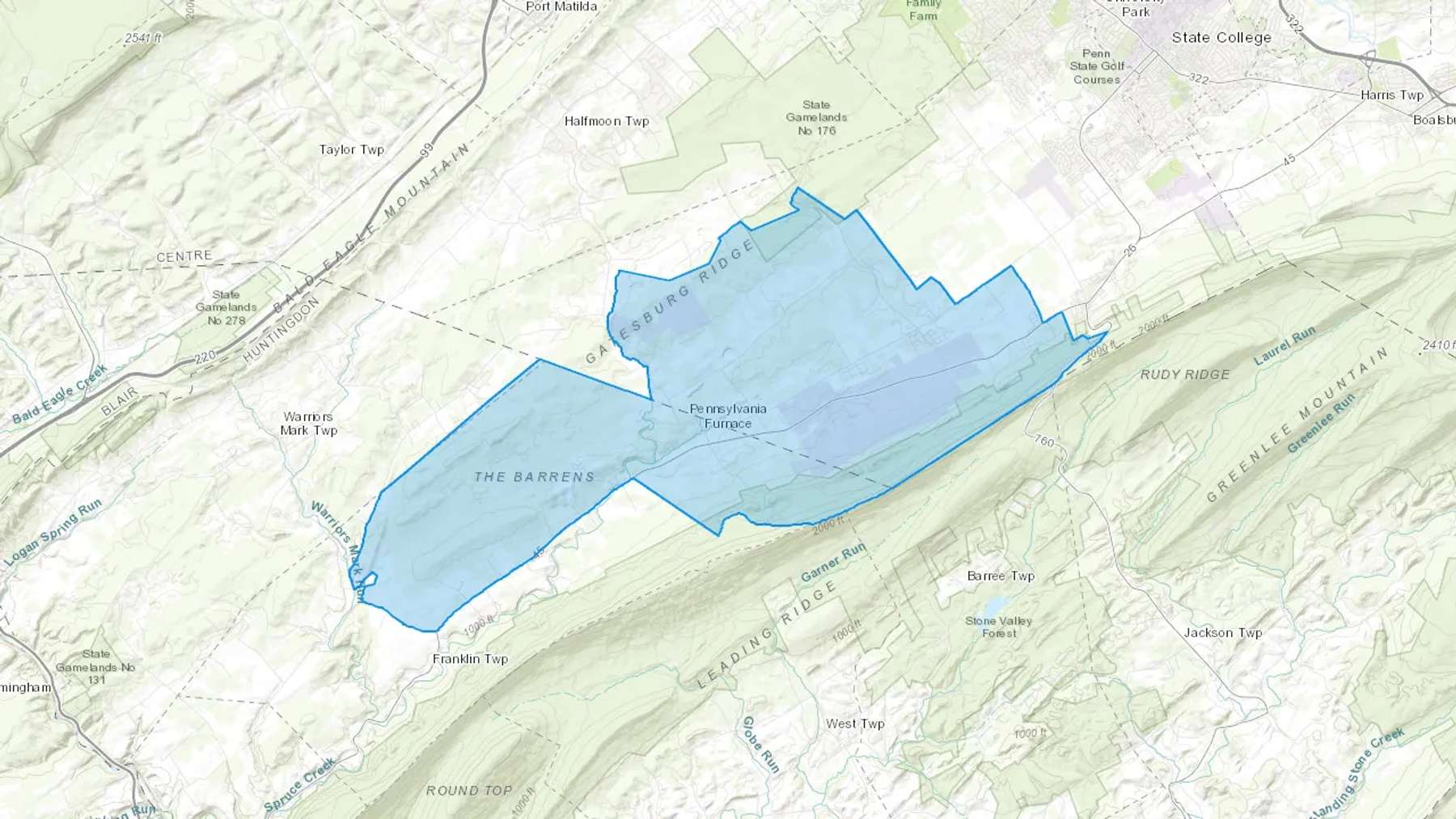 Pine Grove Mills, PA Cash heating Oil delivery map Map of the COD Fuel Oil delivery service area for Pine Grove Mills, PA