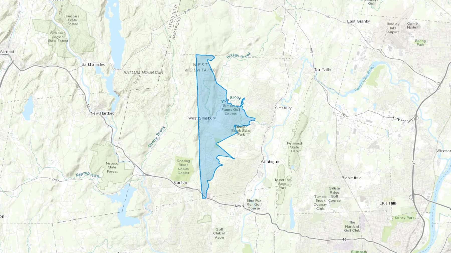 West Simsbury, CT Cash heating Oil delivery map Map of the COD Fuel Oil delivery service area for West Simsbury, CT