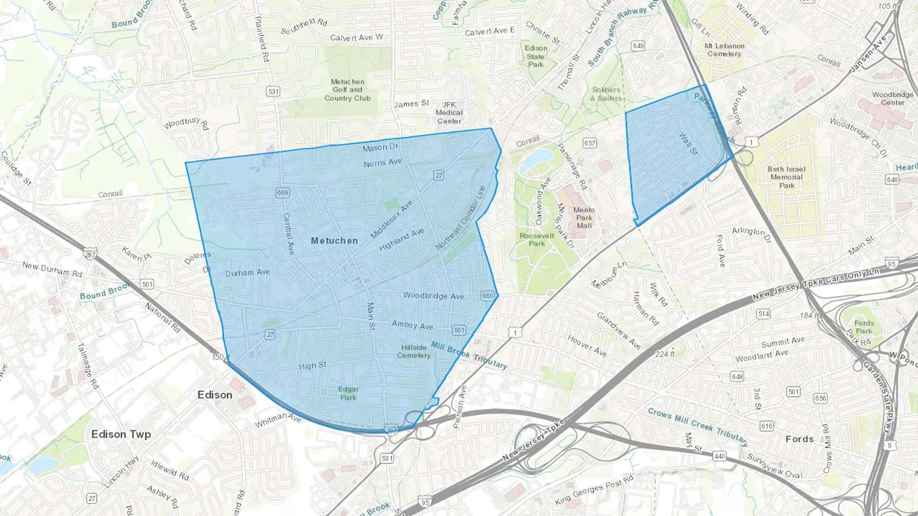 Metuchen, NJ Cash heating Oil delivery map Map of the COD Fuel Oil delivery service area for Metuchen, NJ