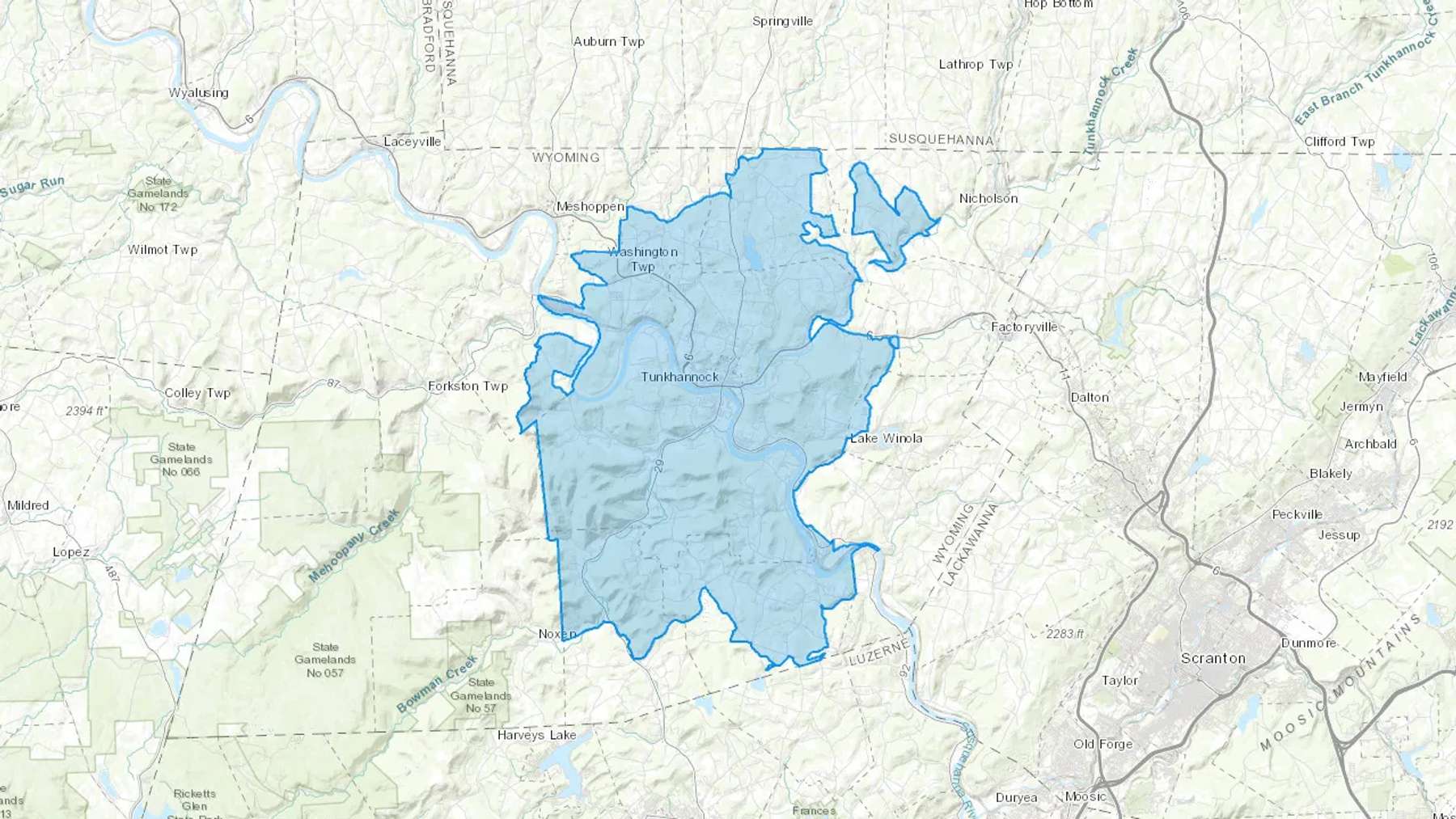 Tunkhannock, PA Cash heating Oil delivery map Map of the COD Fuel Oil delivery service area for Tunkhannock, PA