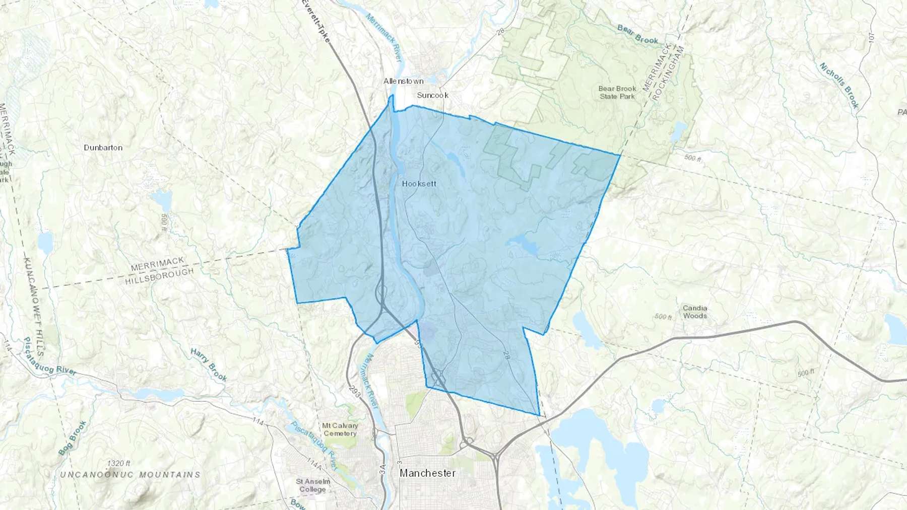 Hooksett, NH Cash heating Oil delivery map Map of the COD Fuel Oil delivery service area for Hooksett, NH