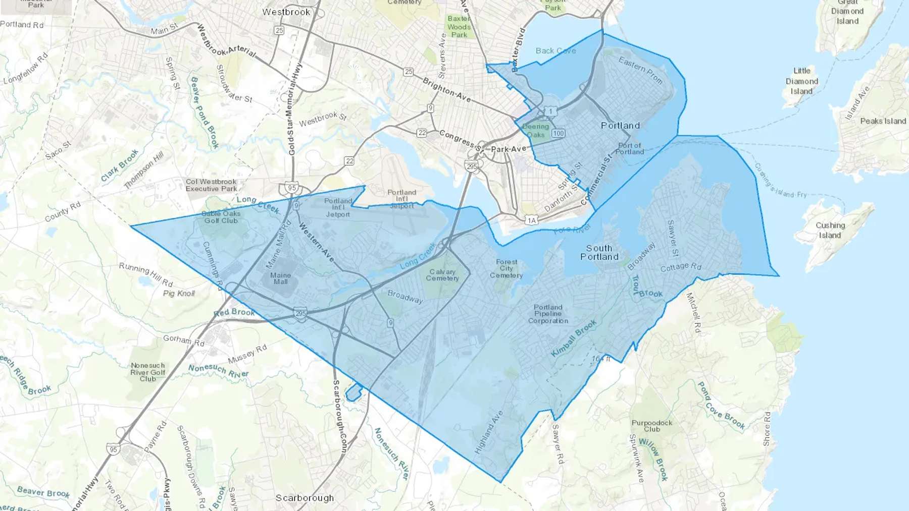 South Portland, ME Cash heating Oil delivery map Map of the COD Fuel Oil delivery service area for South Portland, ME