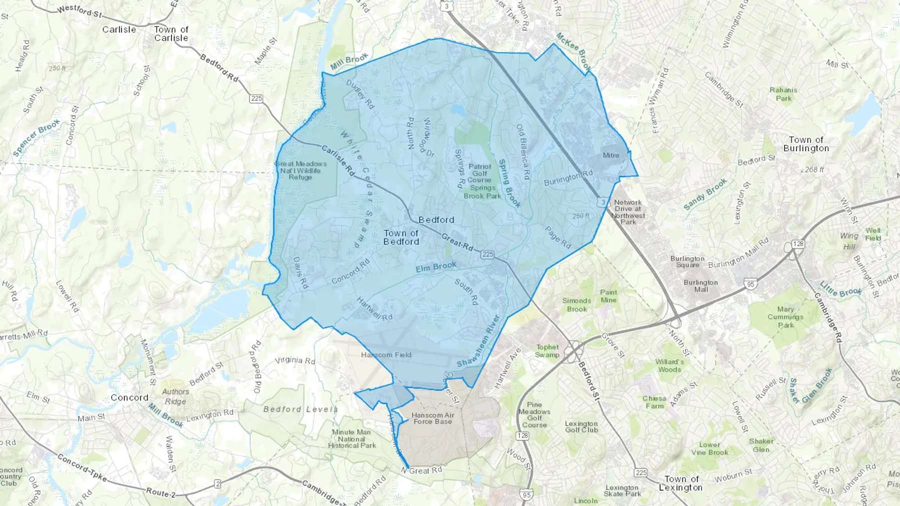 Bedford, MA Cash heating Oil delivery map Map of the COD Fuel Oil delivery service area for Bedford, MA