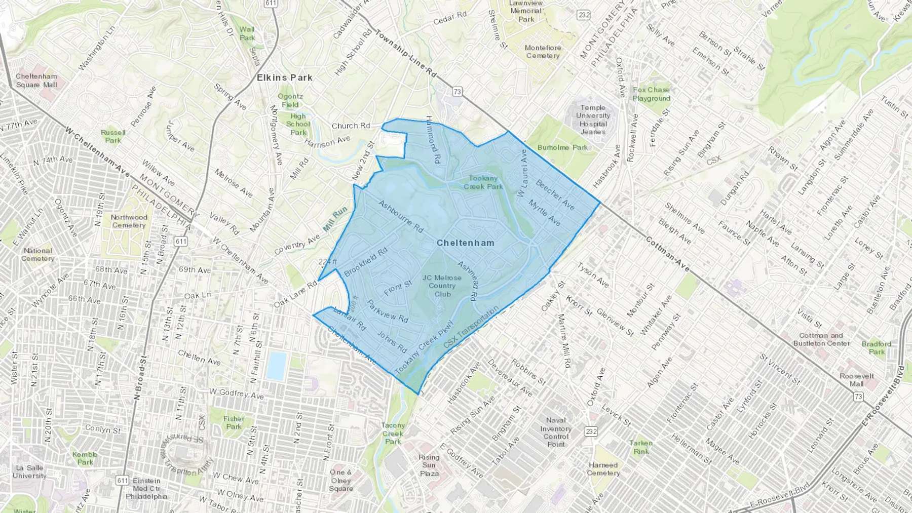 Cheltenham, PA Cash heating Oil delivery map Map of the COD Fuel Oil delivery service area for Cheltenham, PA