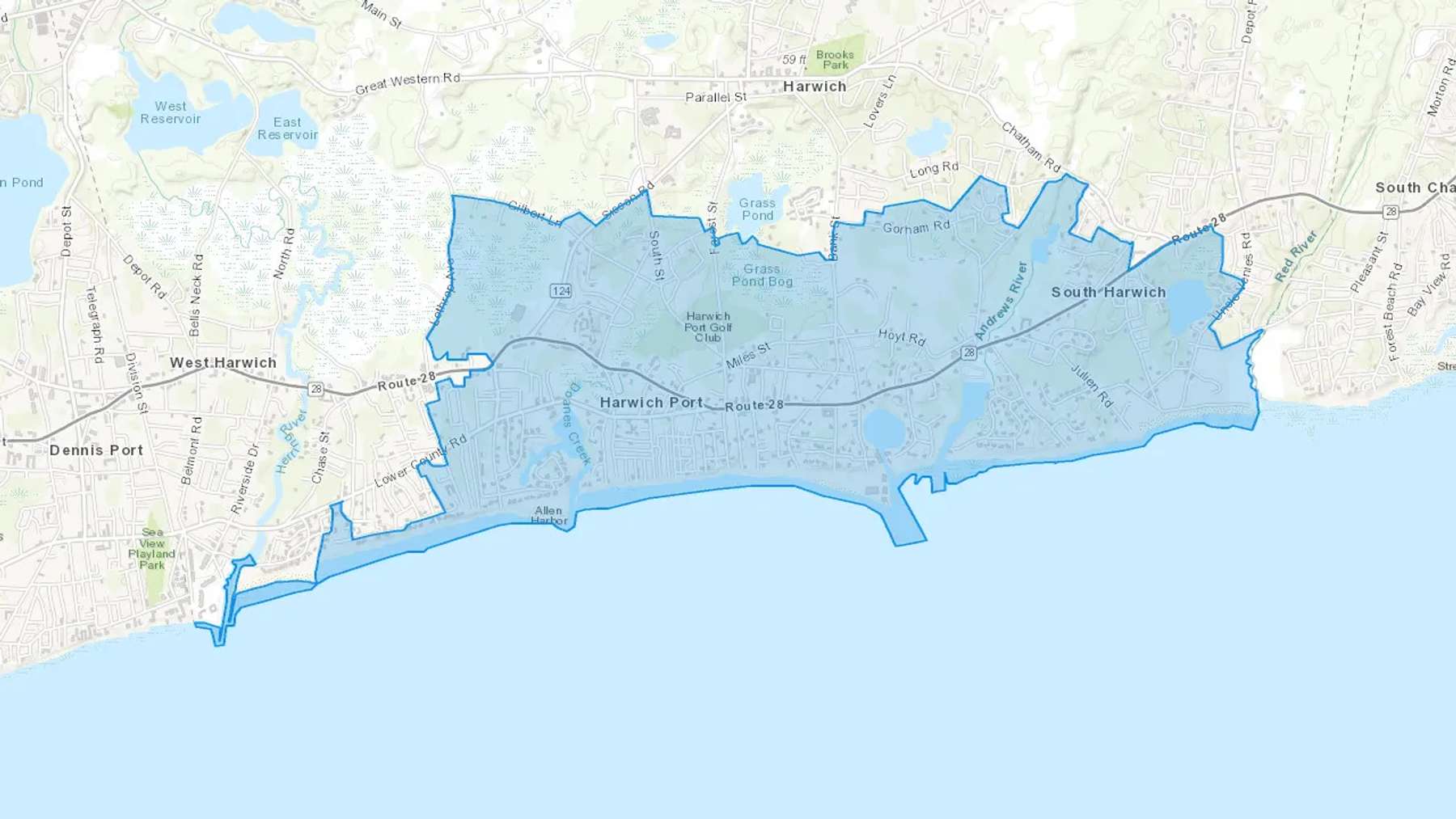 Harwich Port, MA Cash heating Oil delivery map Map of the COD Fuel Oil delivery service area for Harwich Port, MA