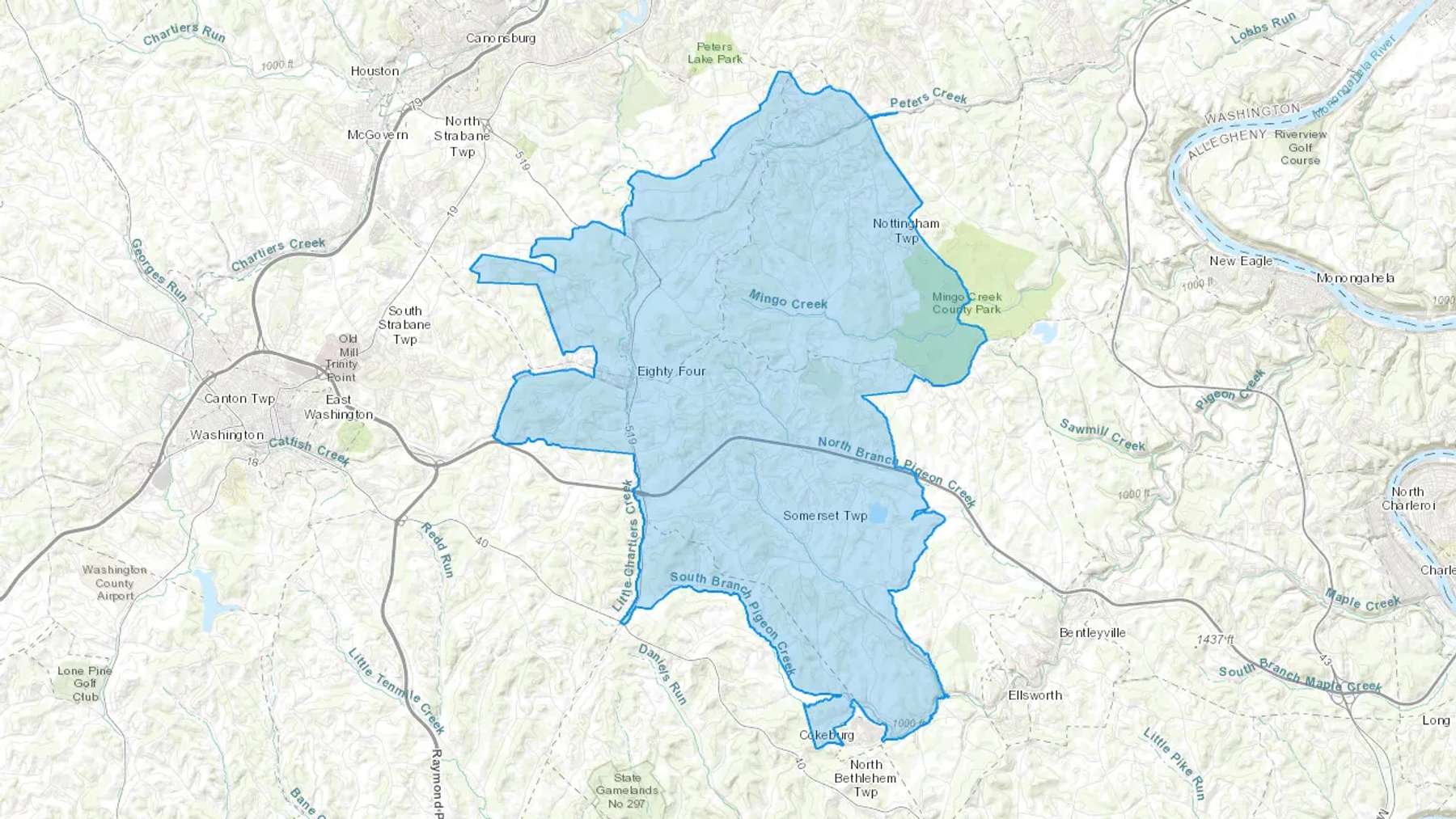 Eighty Four, PA Cash heating Oil delivery map Map of the COD Fuel Oil delivery service area for Eighty Four, PA
