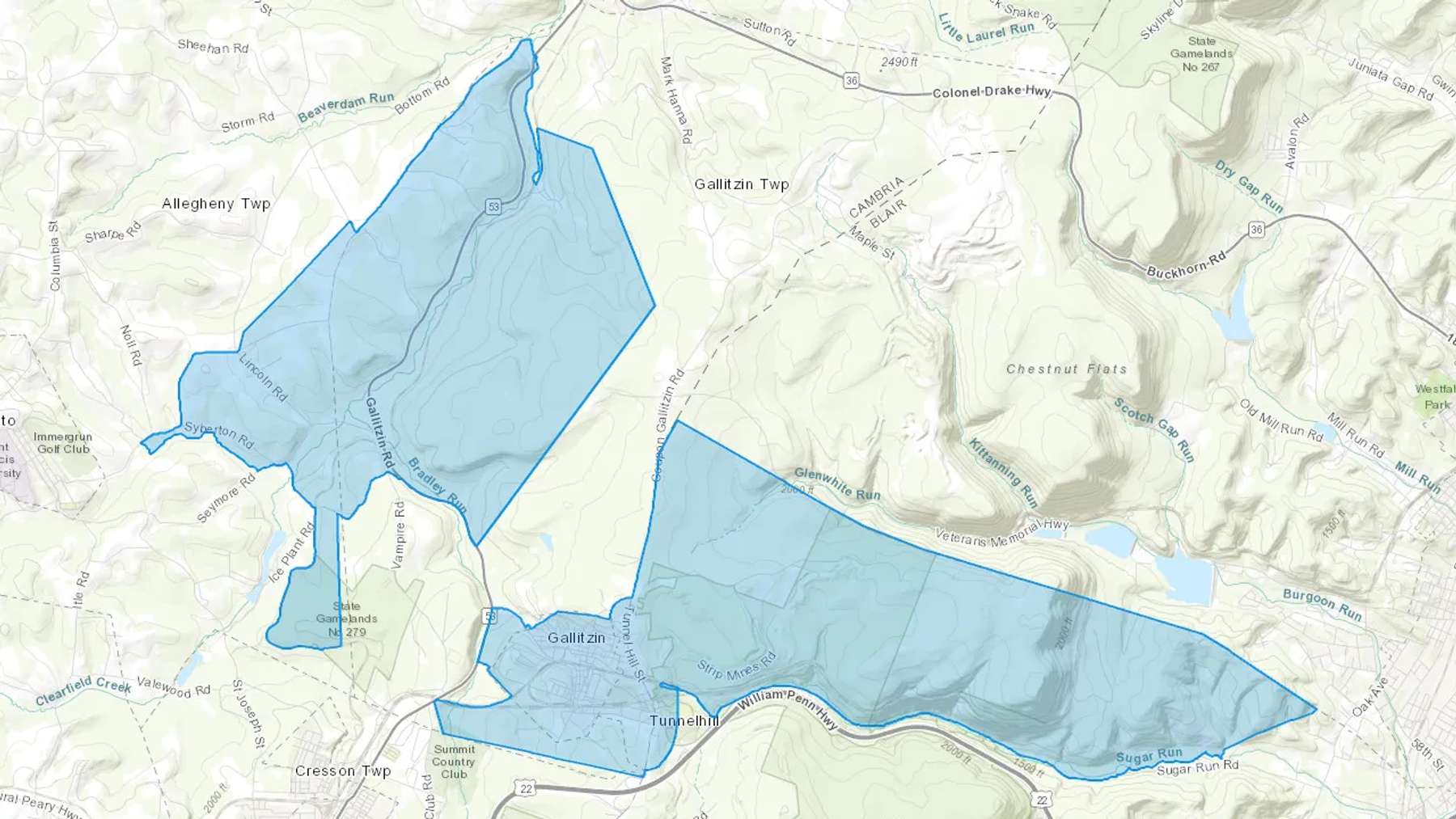 Gallitzin, PA Cash heating Oil delivery map Map of the COD Fuel Oil delivery service area for Gallitzin, PA