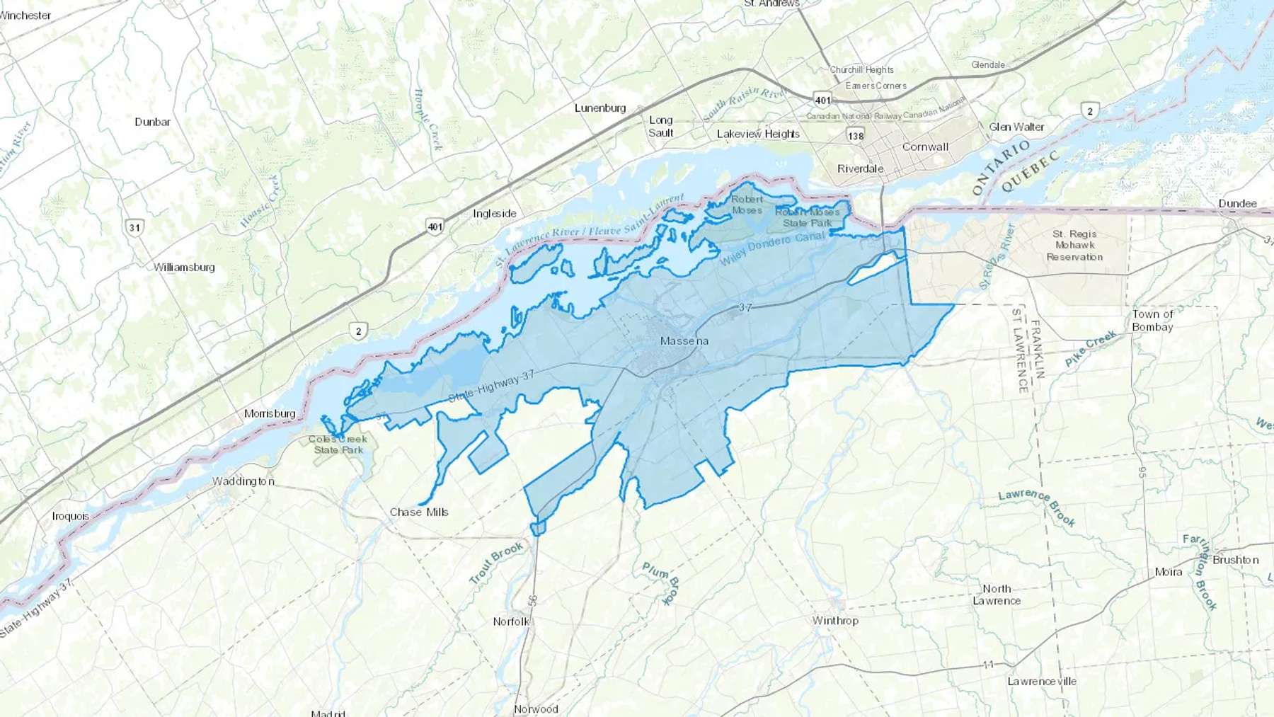 Massena, NY Cash heating Oil delivery map Map of the COD Fuel Oil delivery service area for Massena, NY