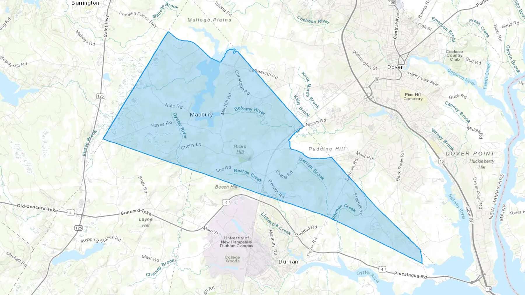 Madbury, NH Cash heating Oil delivery map Map of the COD Fuel Oil delivery service area for Madbury, NH