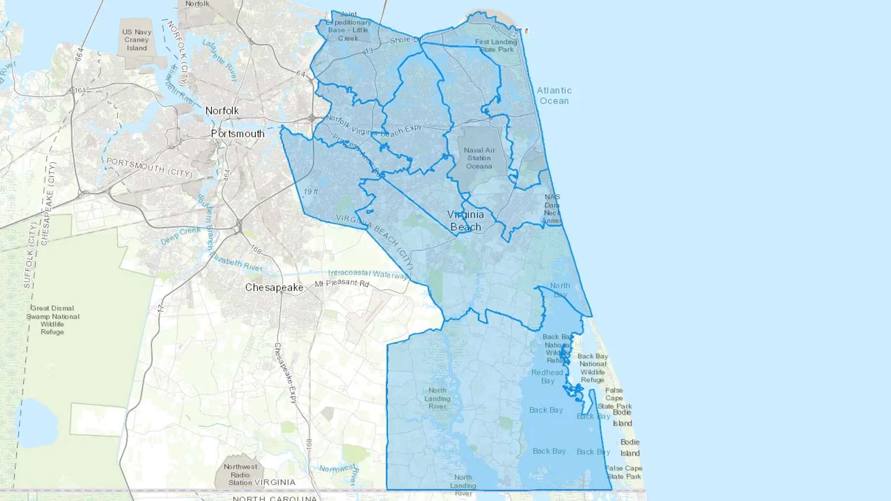 Virginia Beach, VA Cash heating Oil delivery map Map of the COD Fuel Oil delivery service area for Virginia Beach, VA