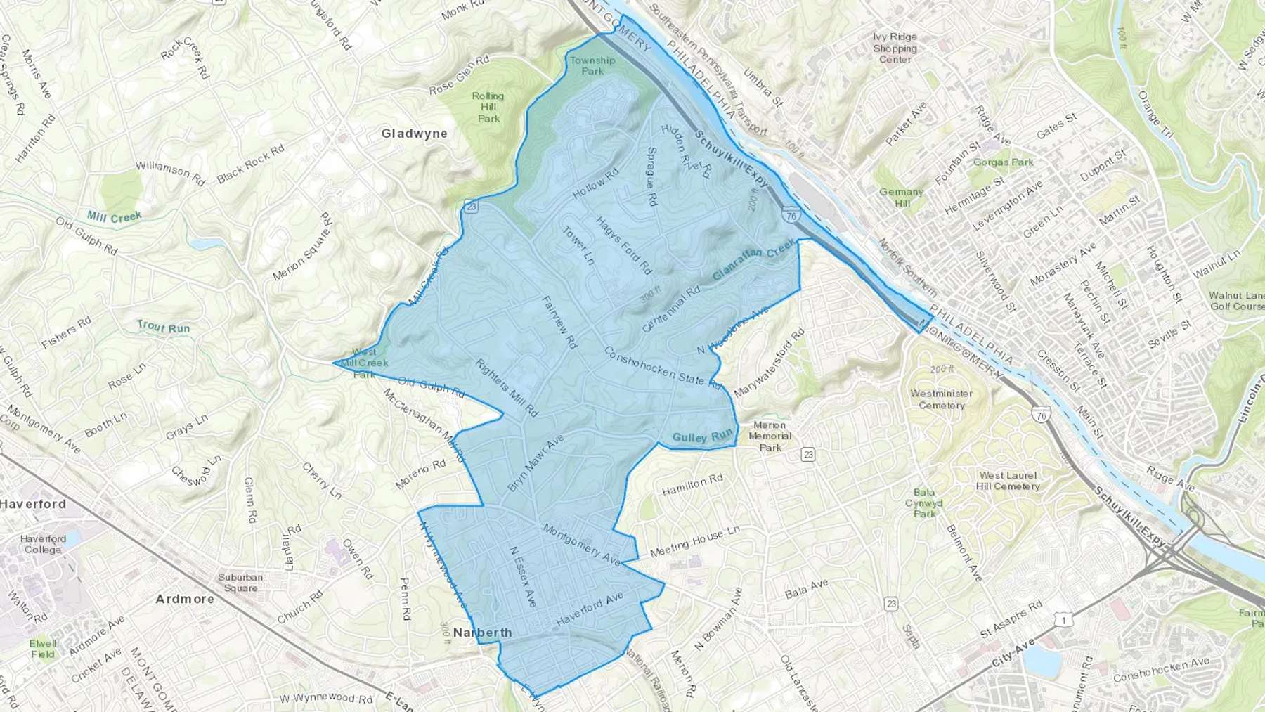 Narberth, PA Cash heating Oil delivery map Map of the COD Fuel Oil delivery service area for Narberth, PA