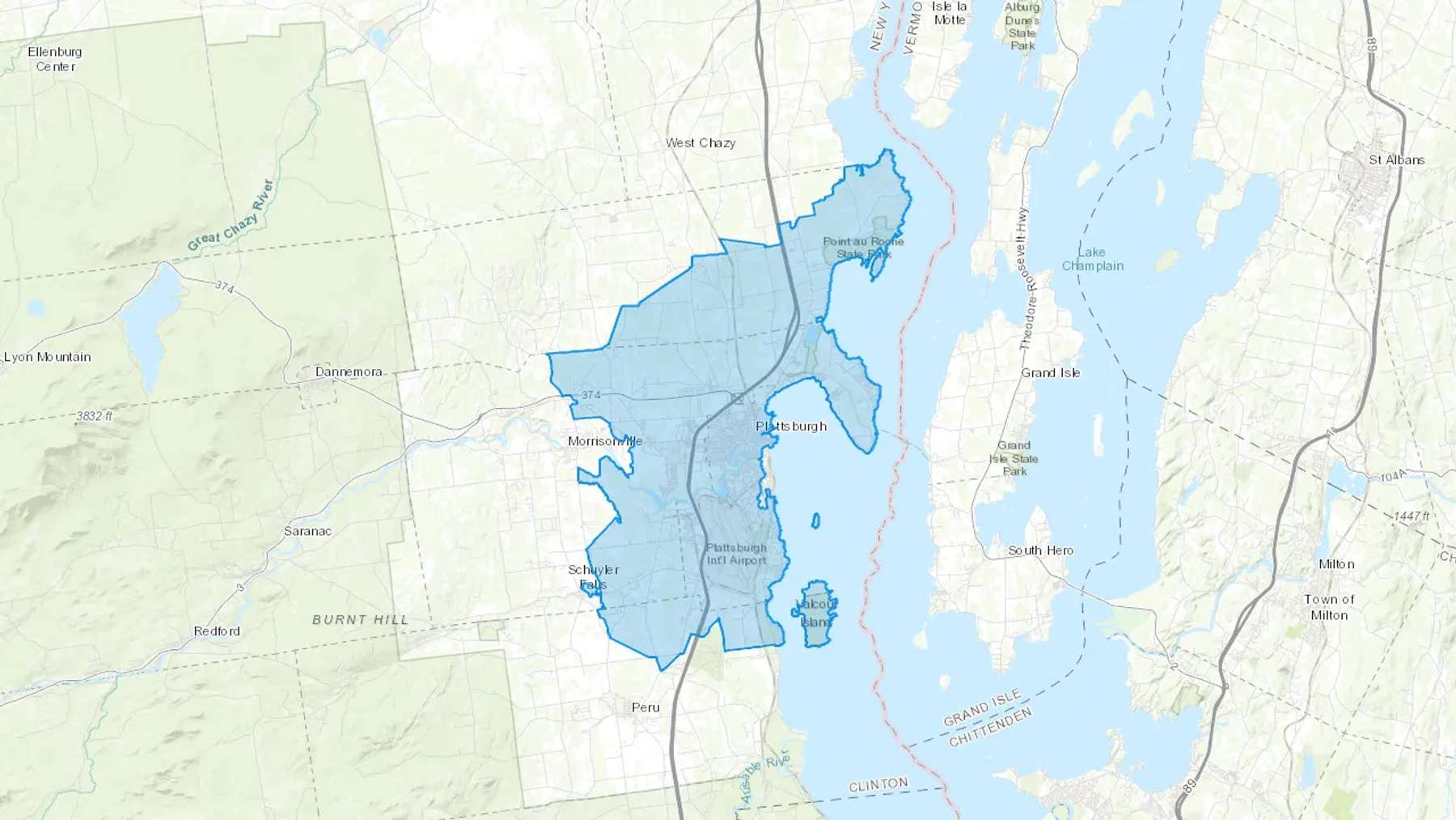 Plattsburgh, NY Cash heating Oil delivery map Map of the COD Fuel Oil delivery service area for Plattsburgh, NY