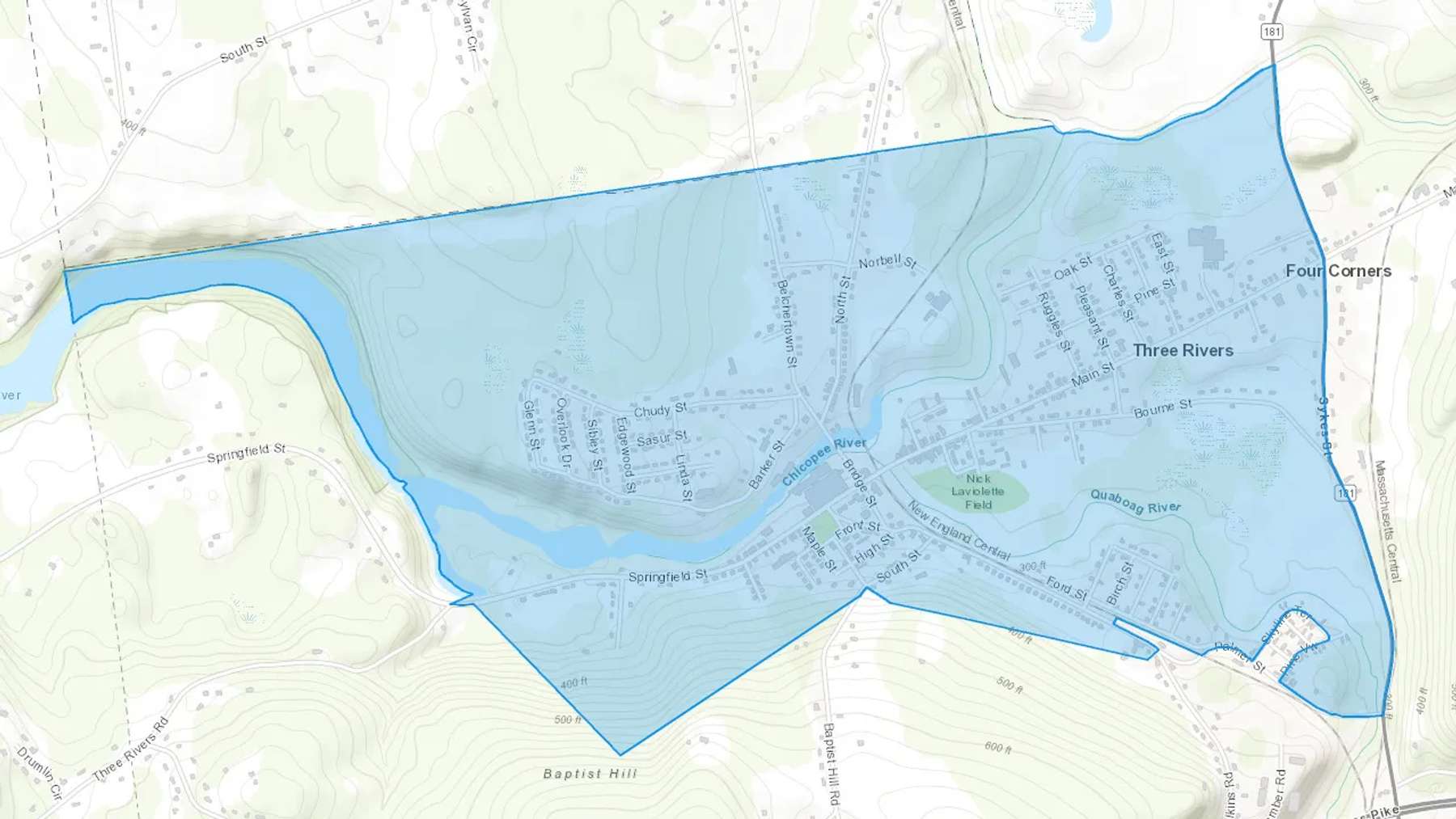 Three Rivers, MA Cash heating Oil delivery map Map of the COD Fuel Oil delivery service area for Three Rivers, MA