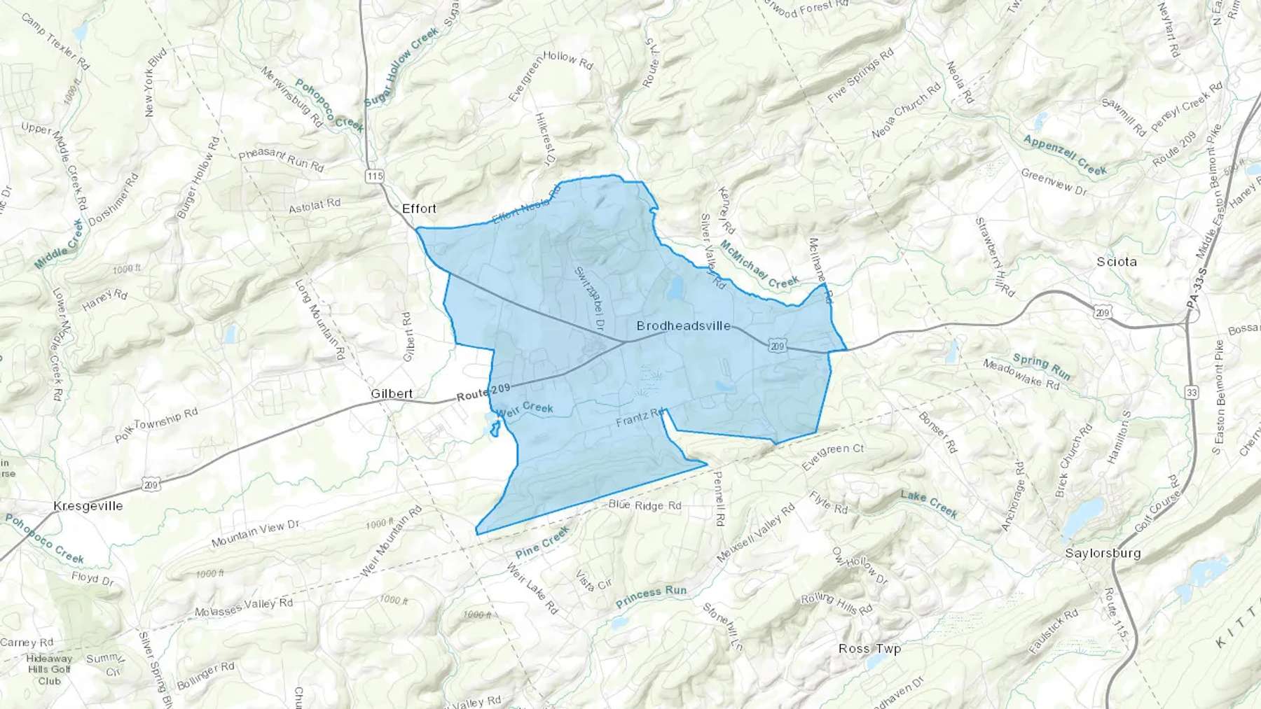 Brodheadsville, PA Cash heating Oil delivery map Map of the COD Fuel Oil delivery service area for Brodheadsville, PA