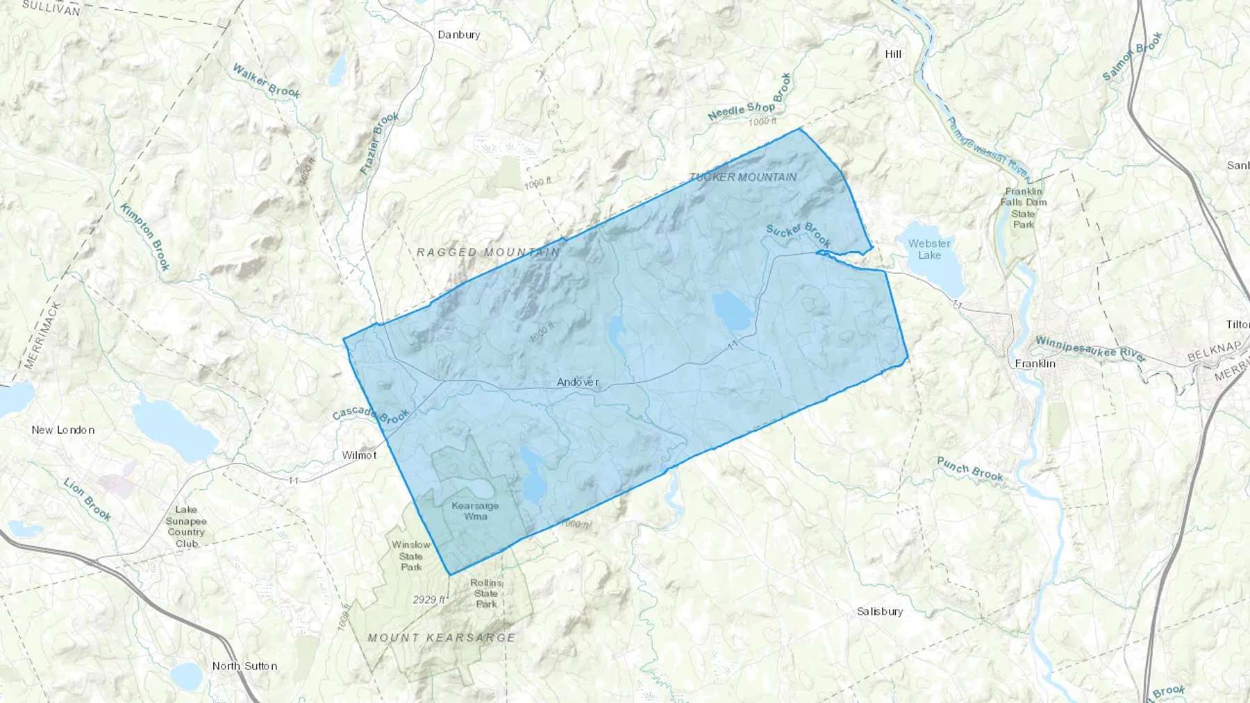 Andover, NH Cash heating Oil delivery map Map of the COD Fuel Oil delivery service area for Andover, NH