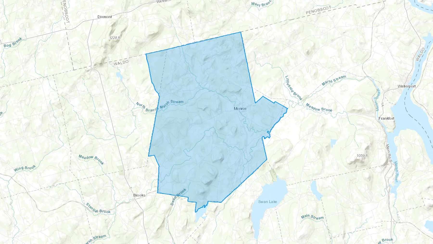 Monroe, ME Cash heating Oil delivery map Map of the COD Fuel Oil delivery service area for Monroe, ME