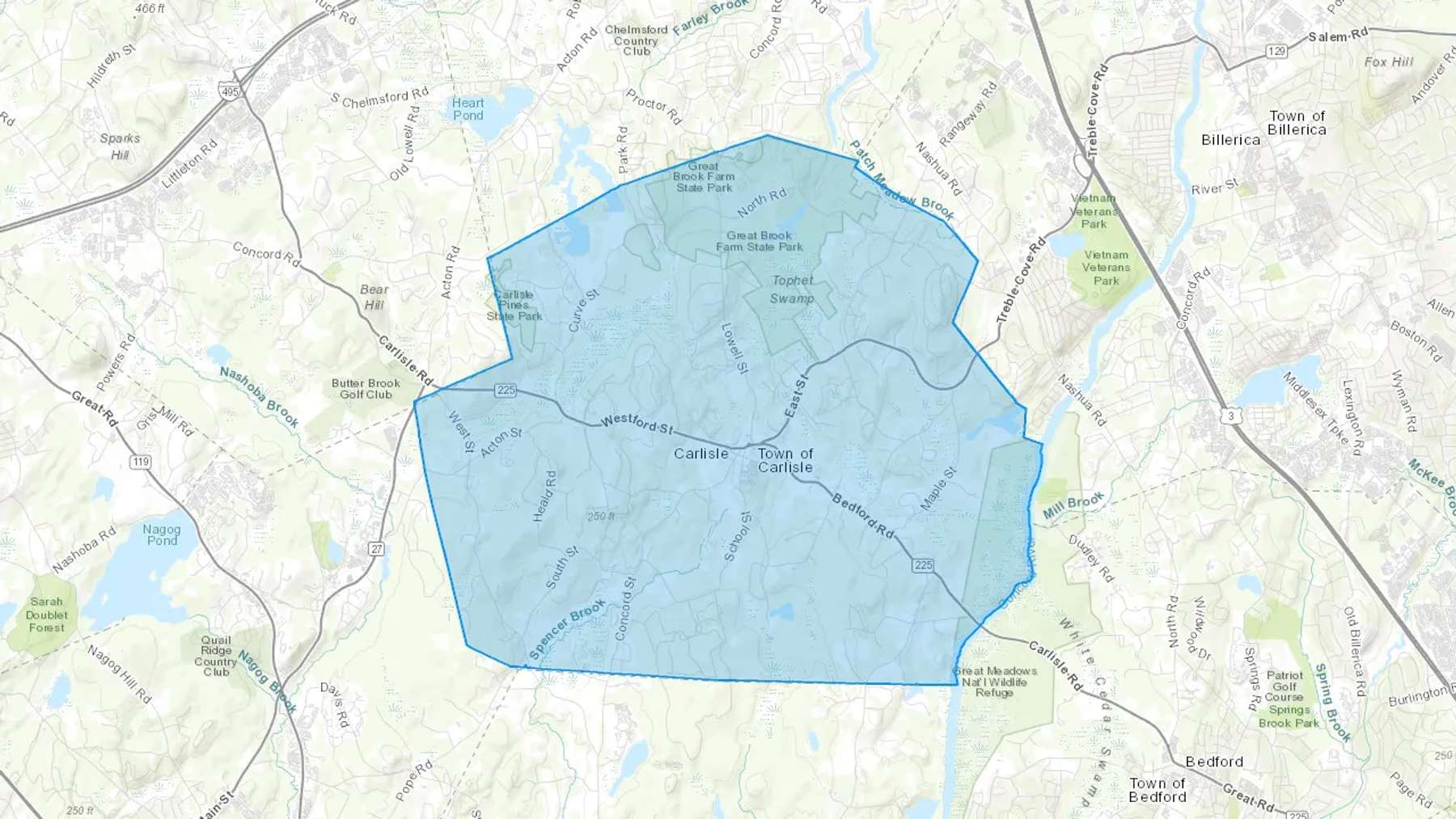Carlisle, MA Cash heating Oil delivery map Map of the COD Fuel Oil delivery service area for Carlisle, MA