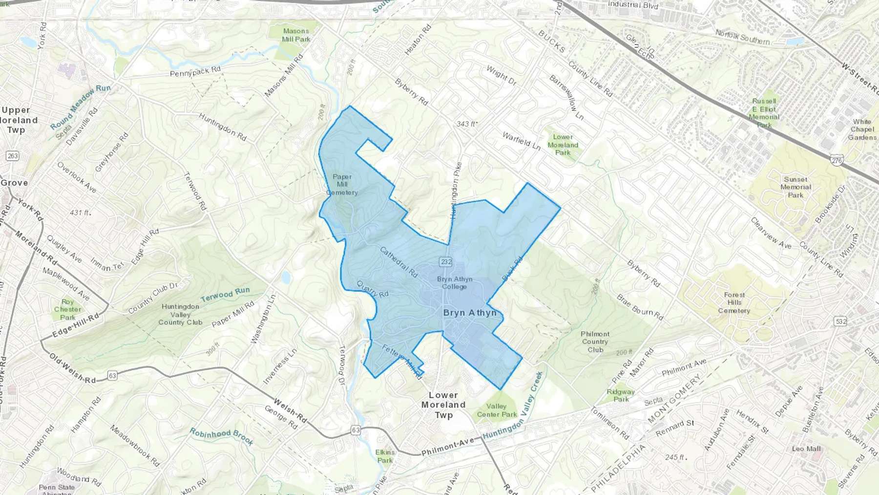 Bryn Athyn, PA Cash heating Oil delivery map Map of the COD Fuel Oil delivery service area for Bryn Athyn, PA