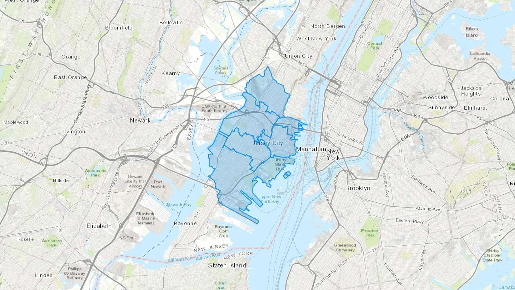 Jersey City, NJ Cash heating Oil delivery map Map of the COD Fuel Oil delivery service area for Jersey City, NJ