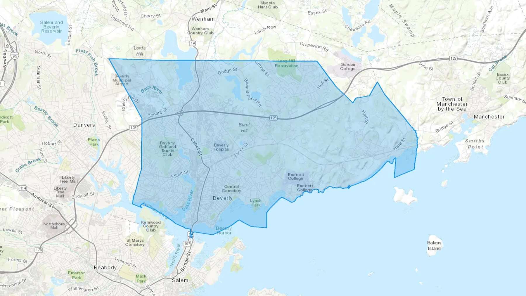 Beverly, MA Cash heating Oil delivery map Map of the COD Fuel Oil delivery service area for Beverly, MA