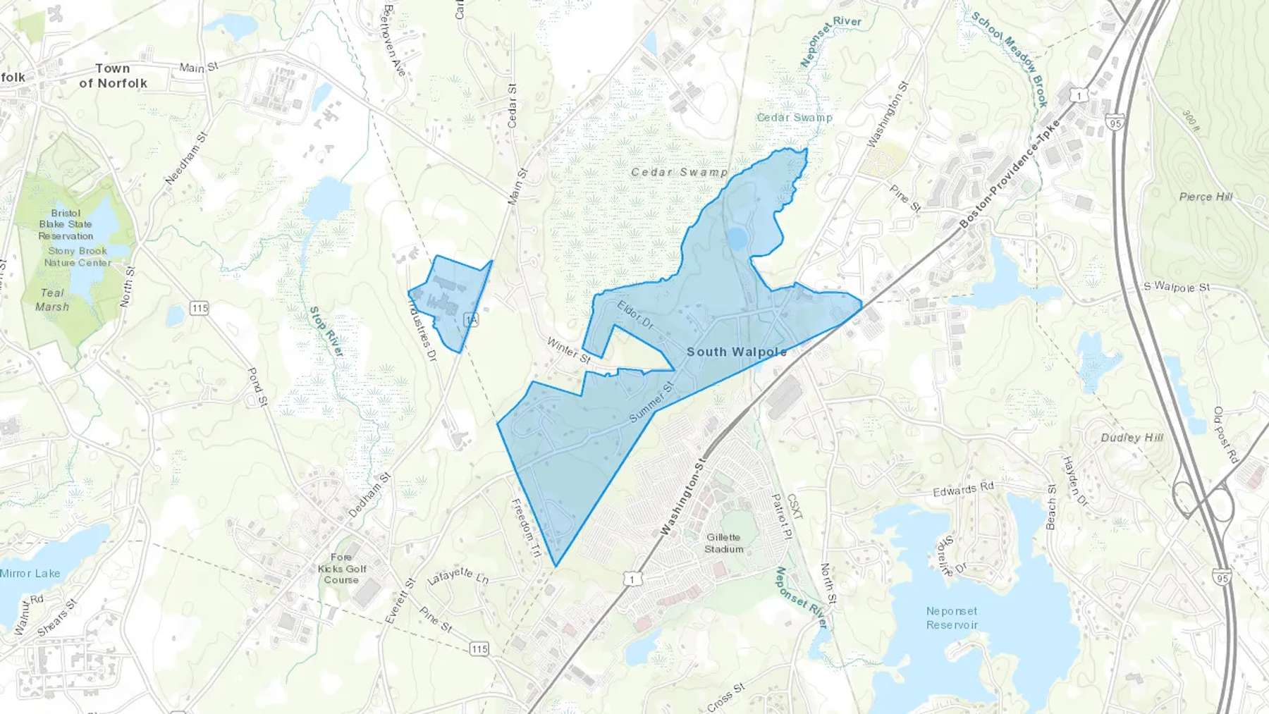 South Walpole, MA Cash heating Oil delivery map Map of the COD Fuel Oil delivery service area for South Walpole, MA