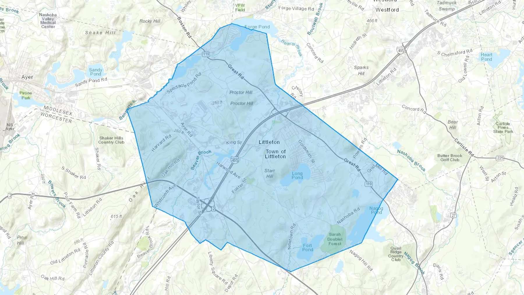 Littleton, MA Cash heating Oil delivery map Map of the COD Fuel Oil delivery service area for Littleton, MA